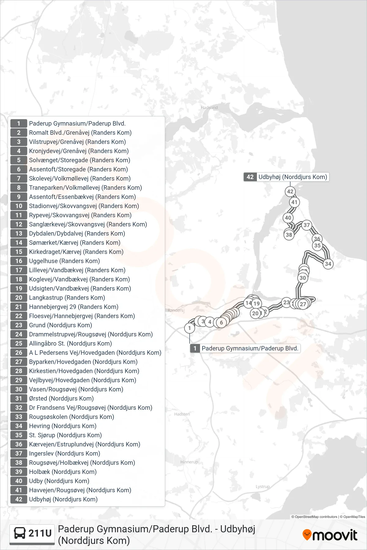 211U bus Linje (Udbyhøj Via Hevring) rute og stop på et kort