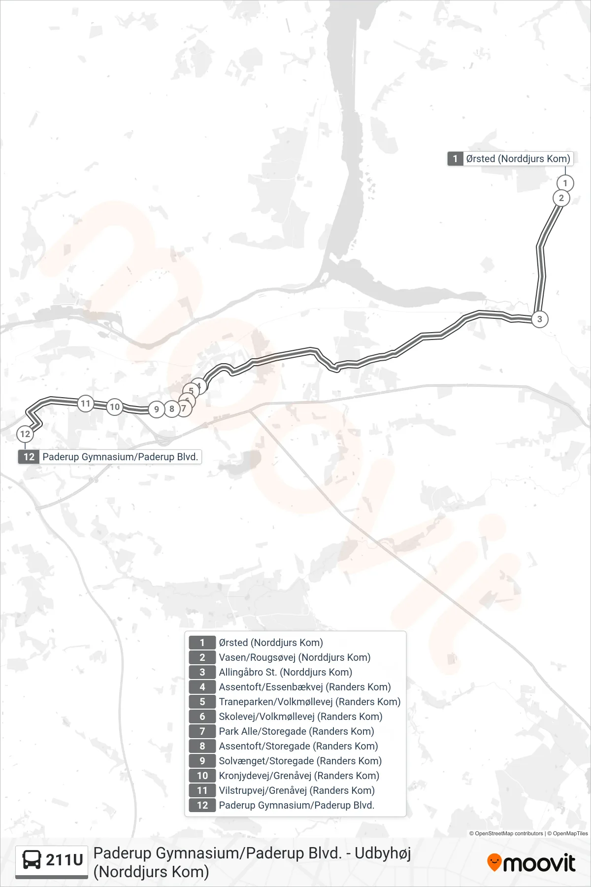 211U bus Linje (Paderup Gymnasium) rute og stop på et kort