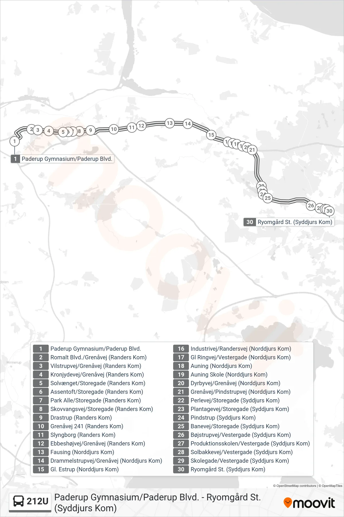 212U bus Linje (Ryomgård St.) rute og stop på et kort