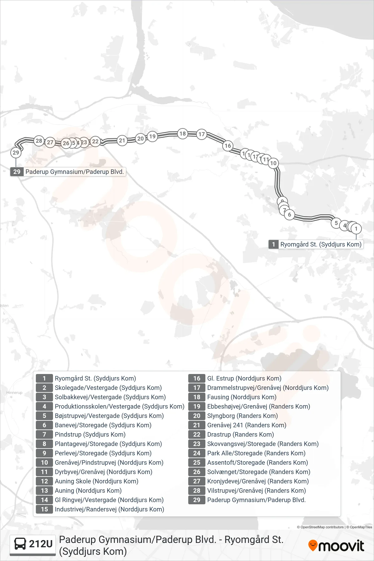 212U bus Linje (Paderup Gymnasium) rute og stop på et kort