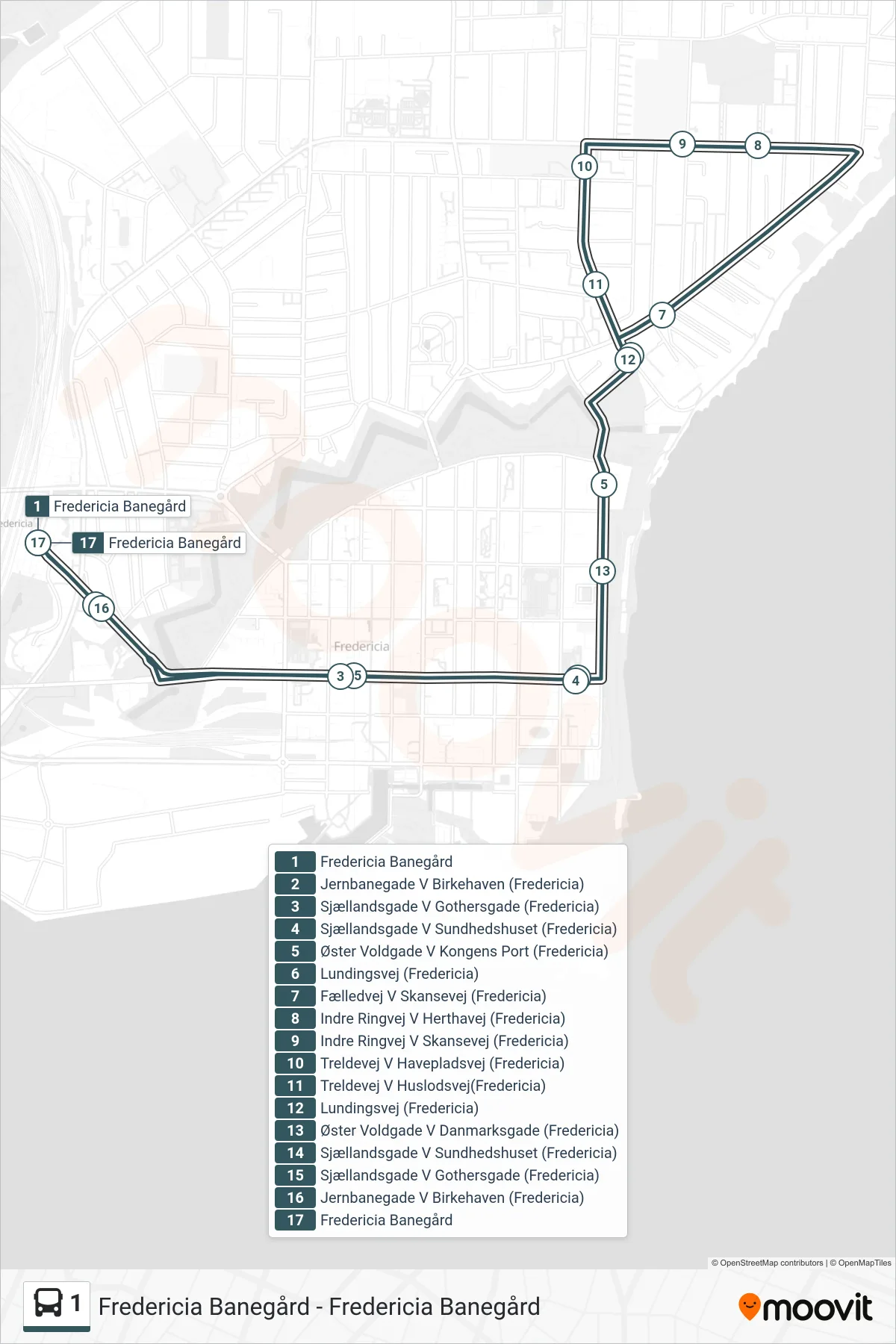 1 bus Linje (Fredericia Banegård) rute og stop på et kort