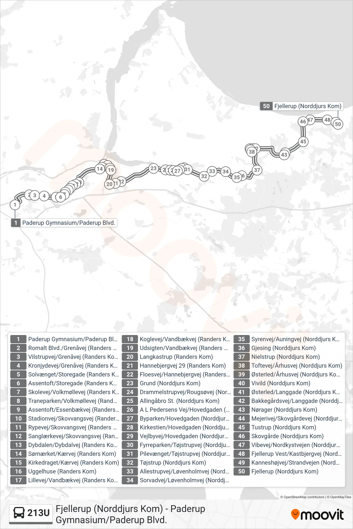 213U bus Linje (Fjellerup) rute og stop på et kort