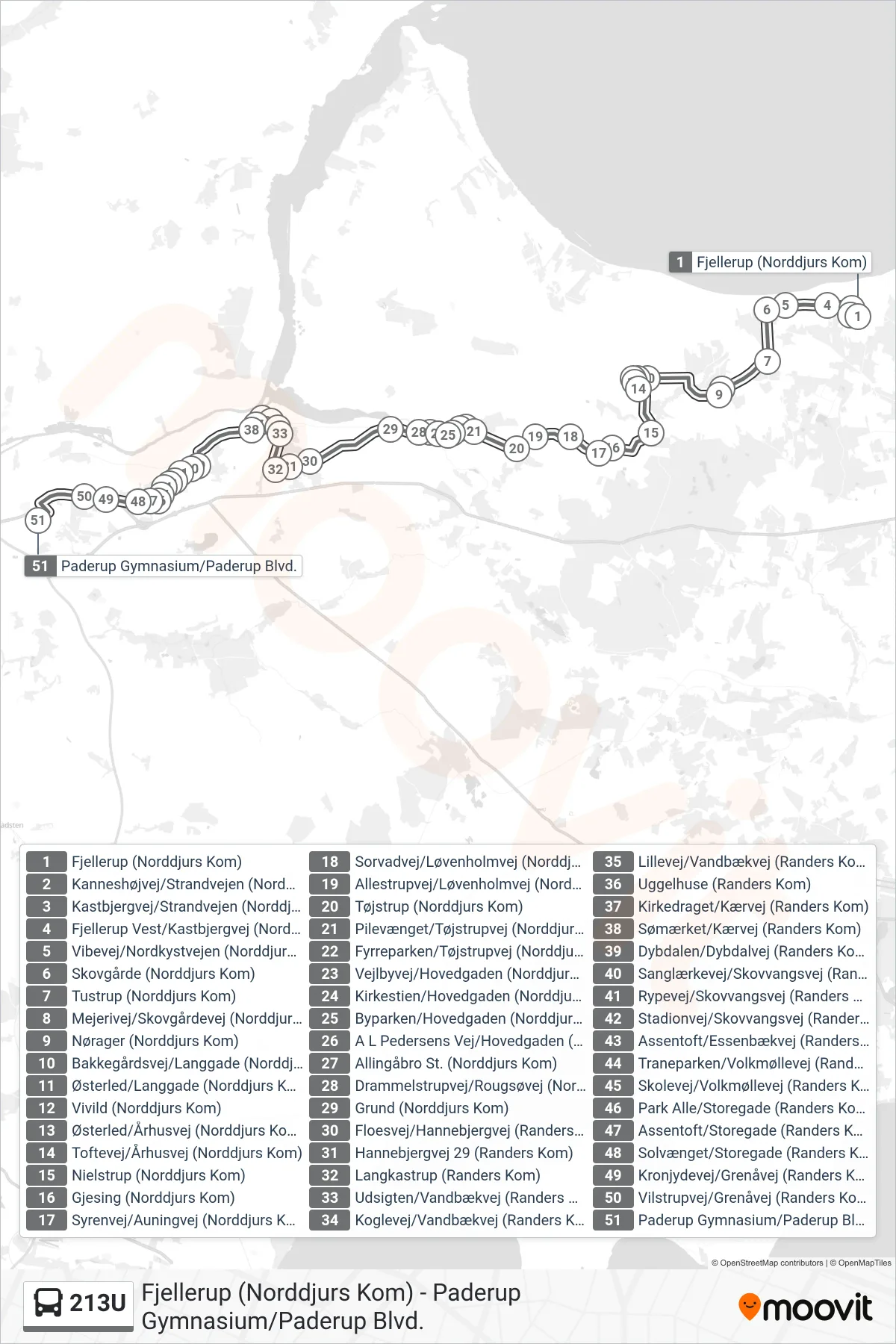 213U bus Linje (Paderup Gymnasium) rute og stop på et kort