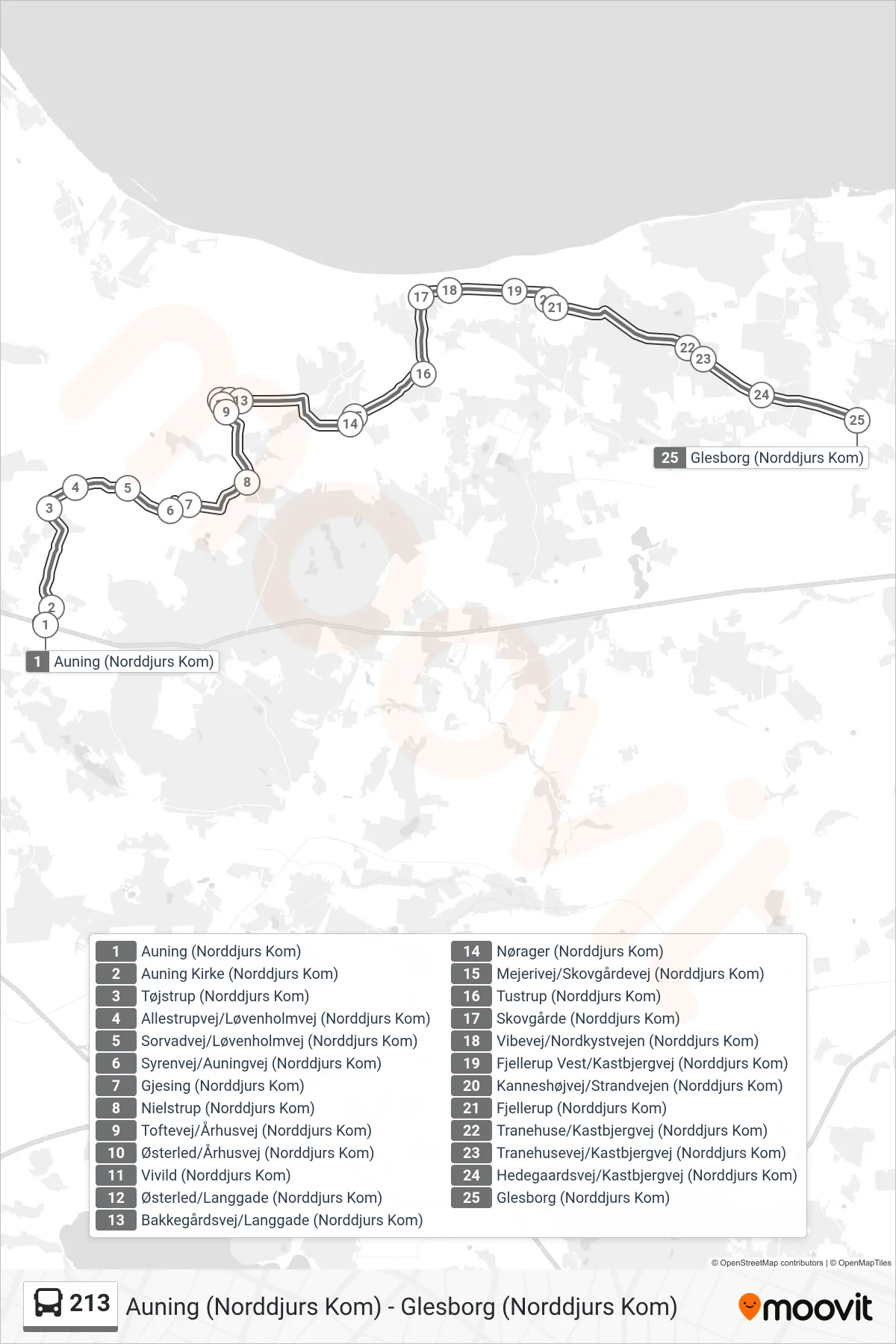 213 bus Linje (Glesborg) rute og stop på et kort