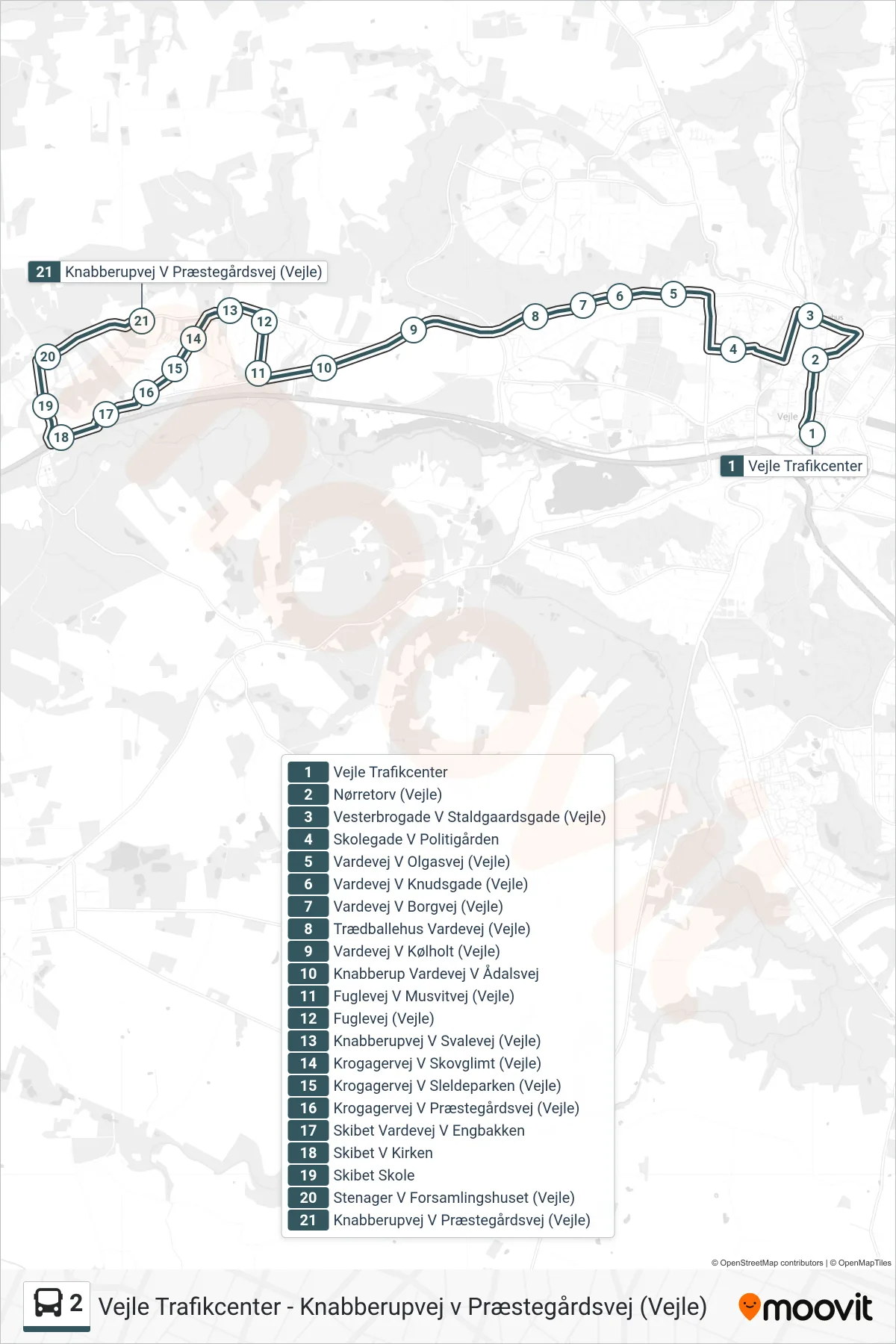 2 bus Linje (Knabberupvej V Præstegårdsvej (Vejle)) rute og stop på et kort