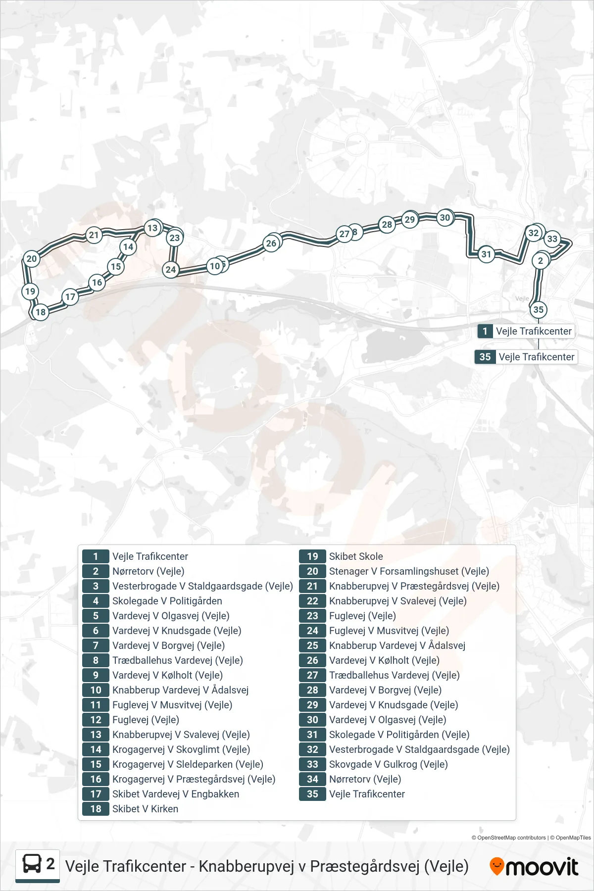2 bus Linje (Vejle Trafikcenter) rute og stop på et kort
