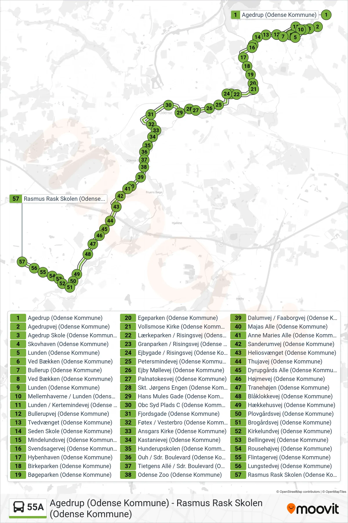 55A bus Linje (Bellinge) rute og stop på et kort
