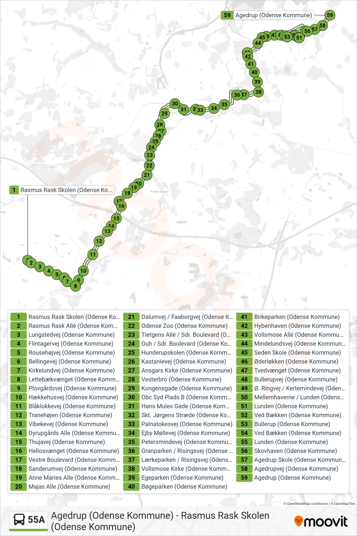 55A bus Linje (Agedrup) rute og stop på et kort