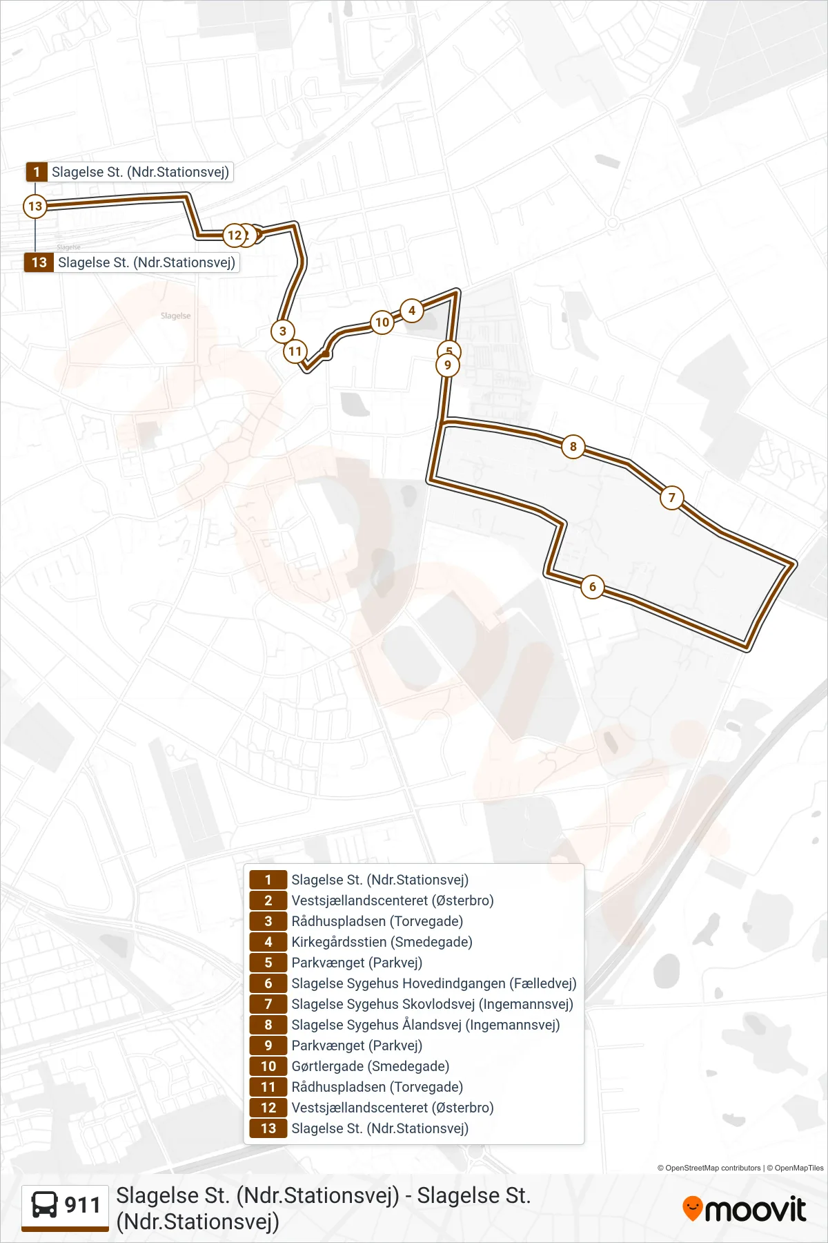 911 bus Linje (Slagelse St. (Ndr.Stationsvej)) rute og stop på et kort