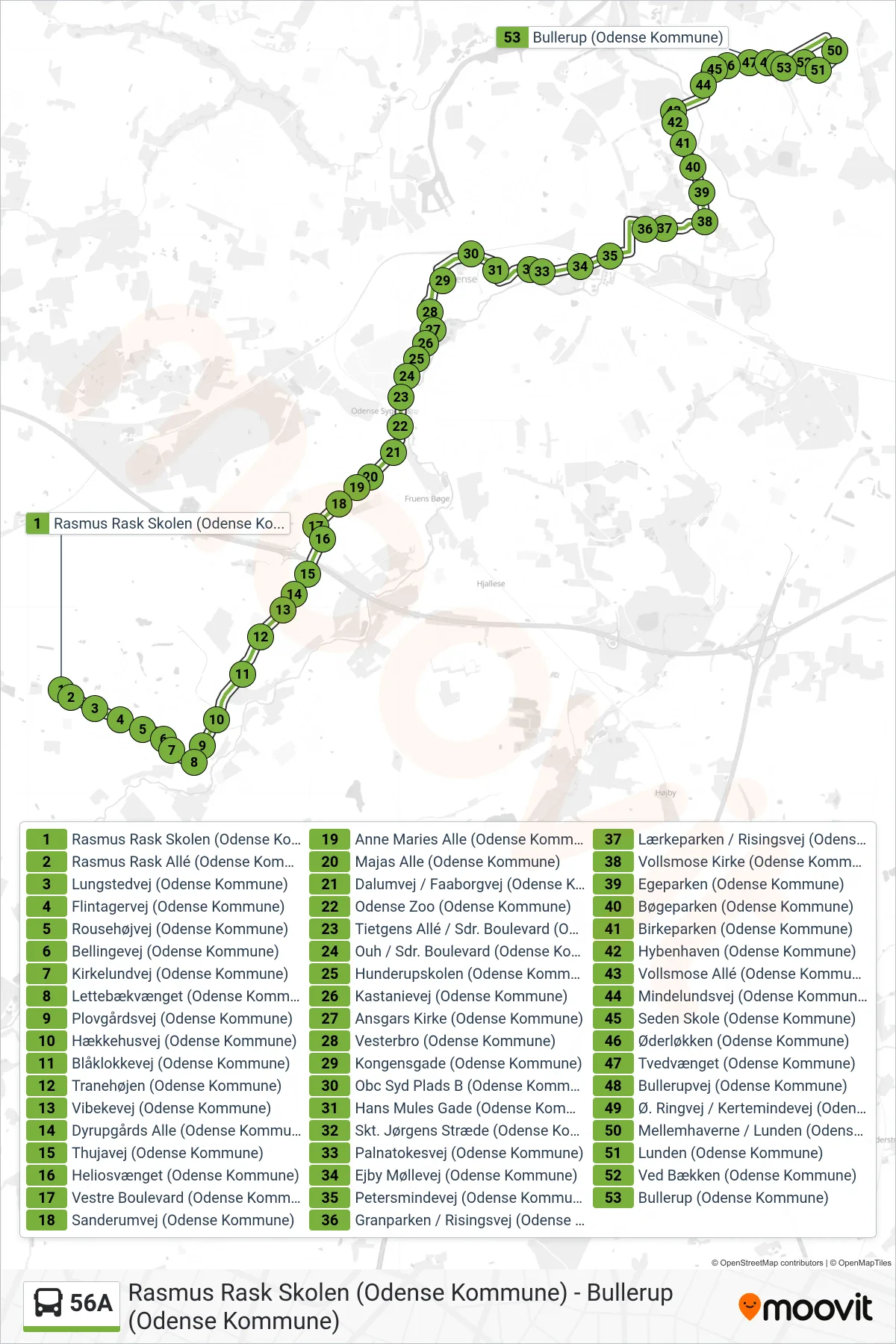 56A bus Linje (Bullerup) rute og stop på et kort