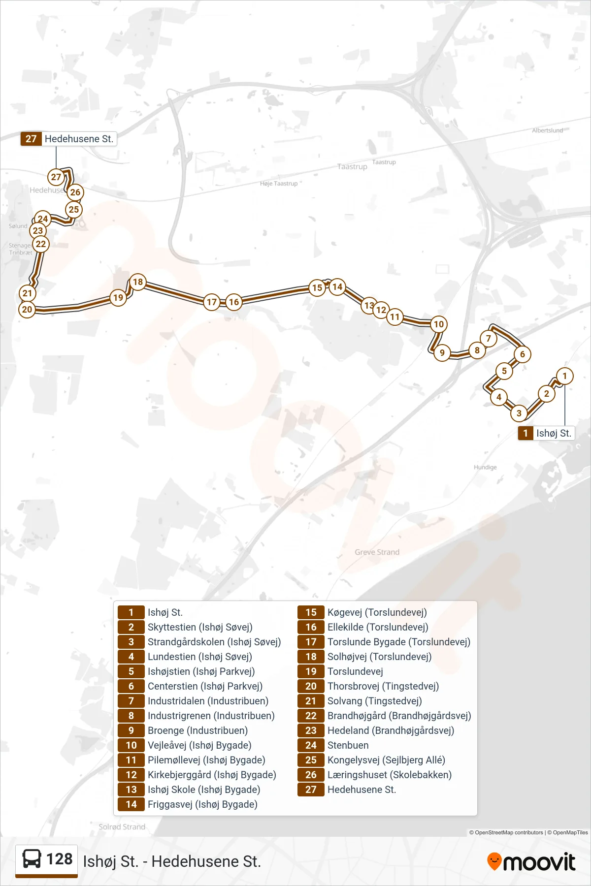 128 bus Linje (Hedehusene St.) rute og stop på et kort