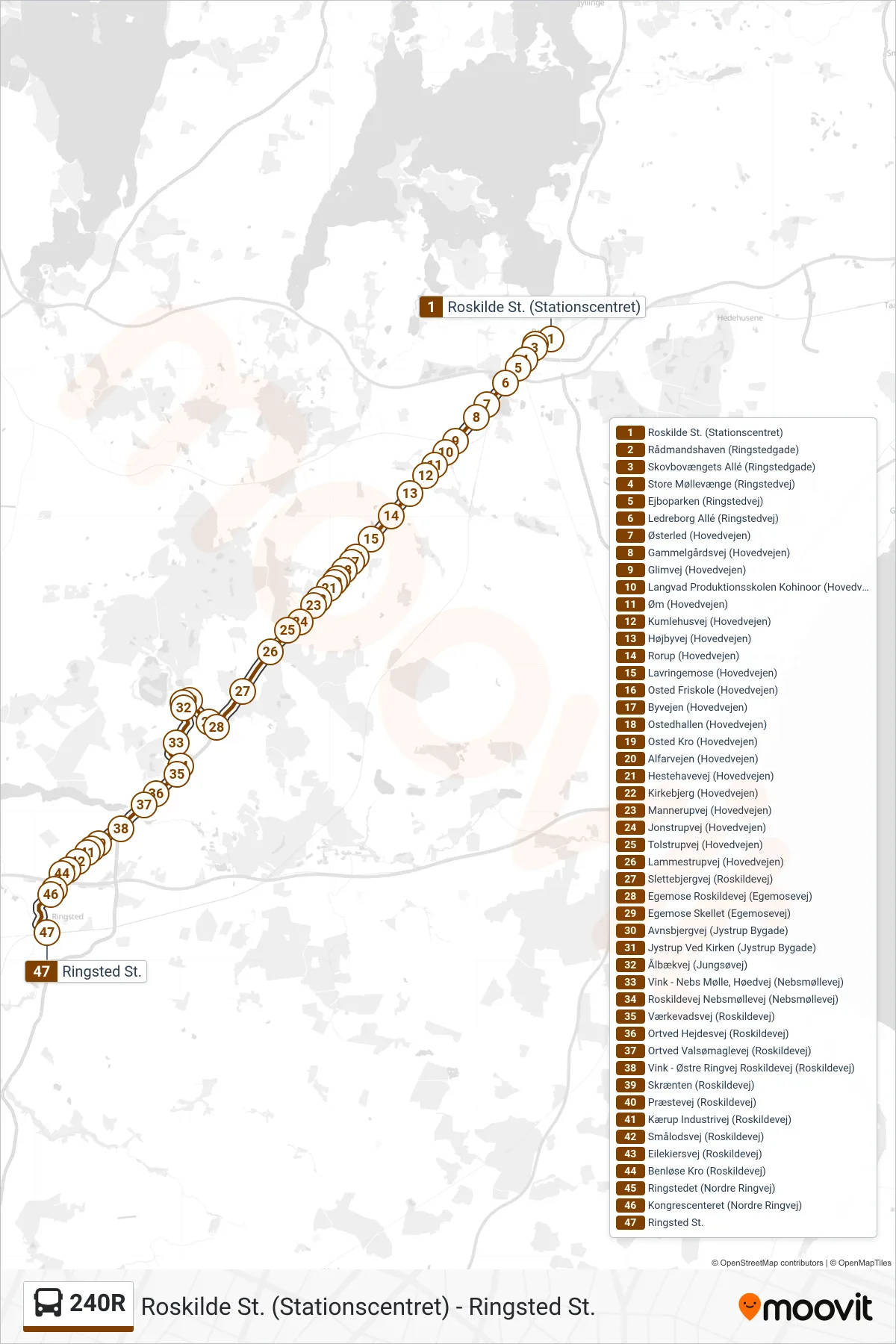 240R bus Linje (Ringsted St.) rute og stop på et kort