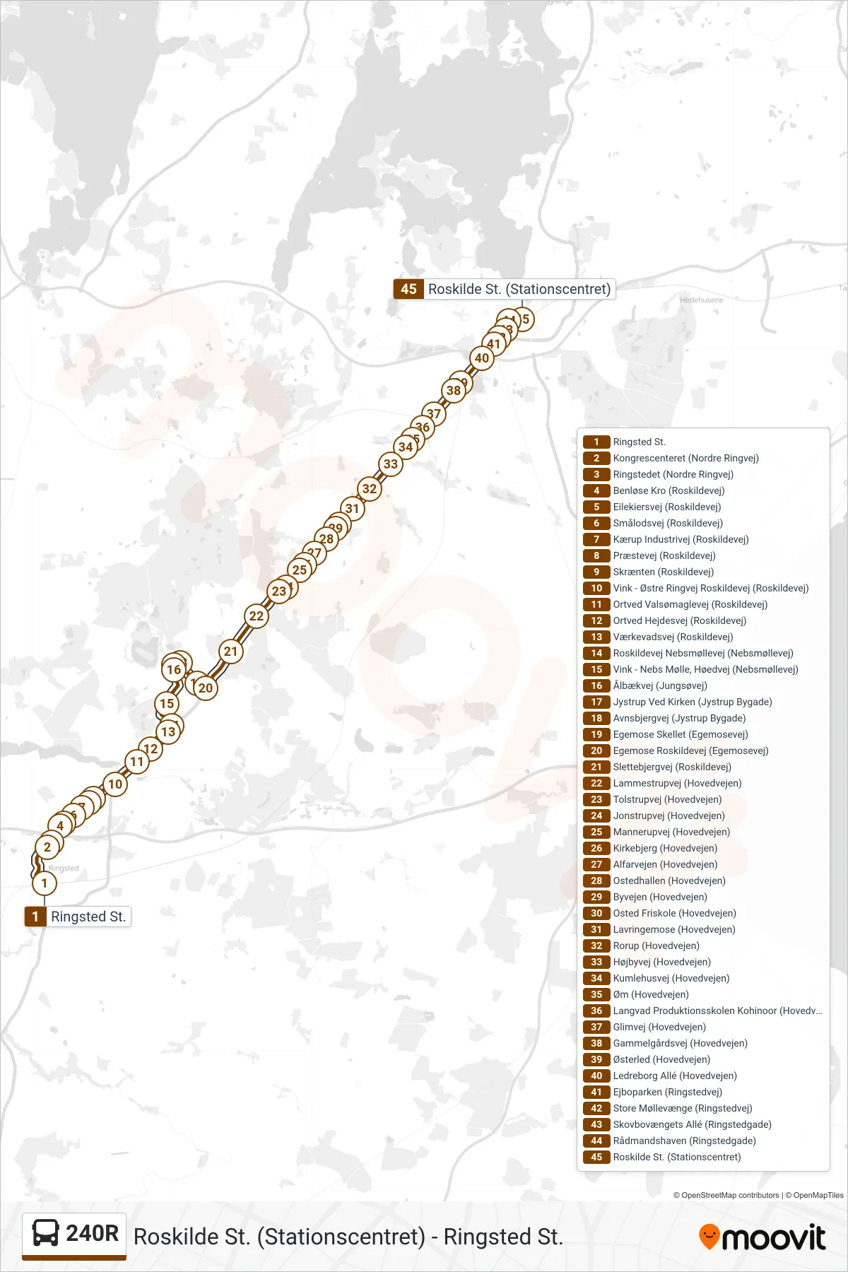 240R bus Linje (Roskilde St.) rute og stop på et kort