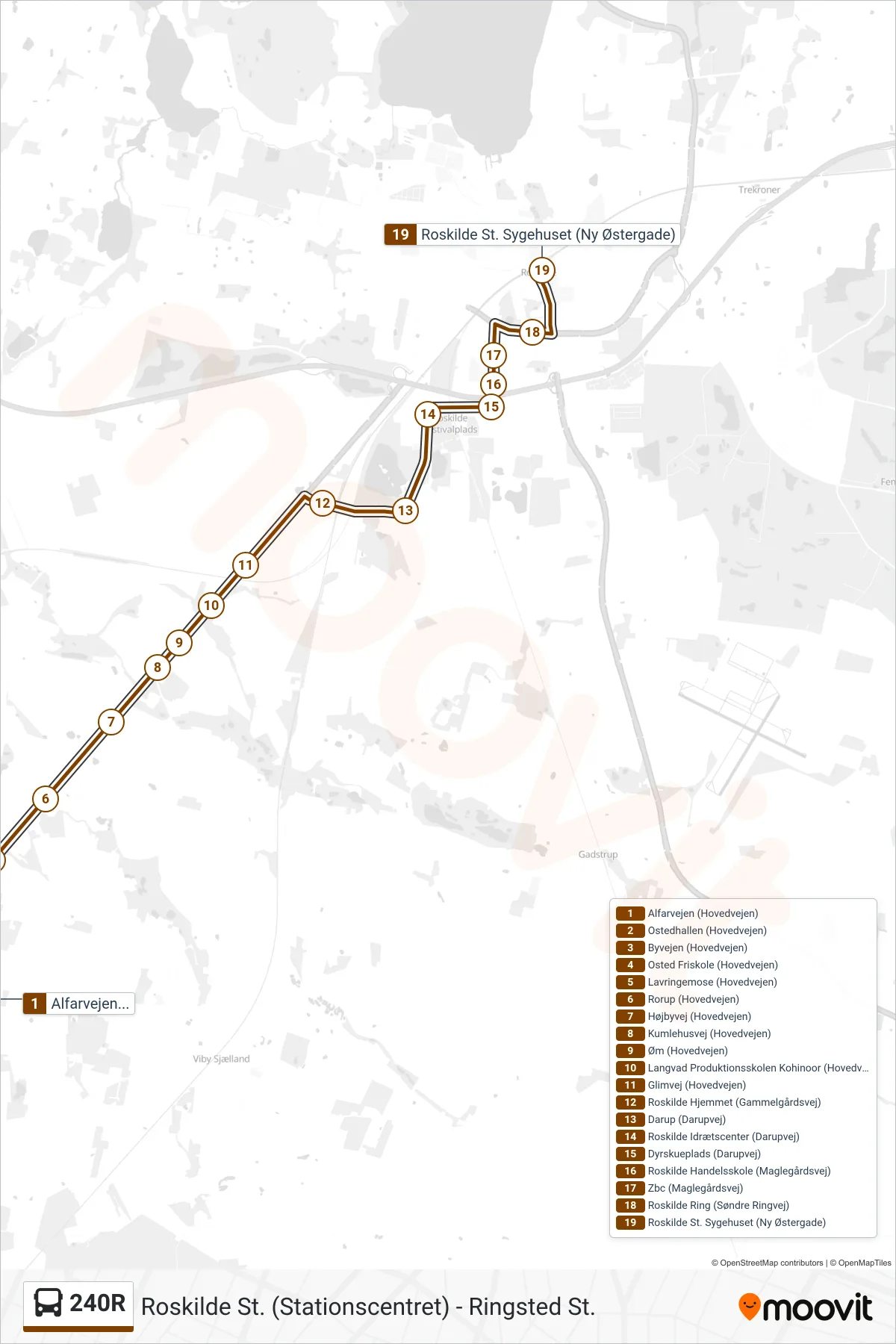 240R bus Linje (Roskilde St. Sygehuset) rute og stop på et kort