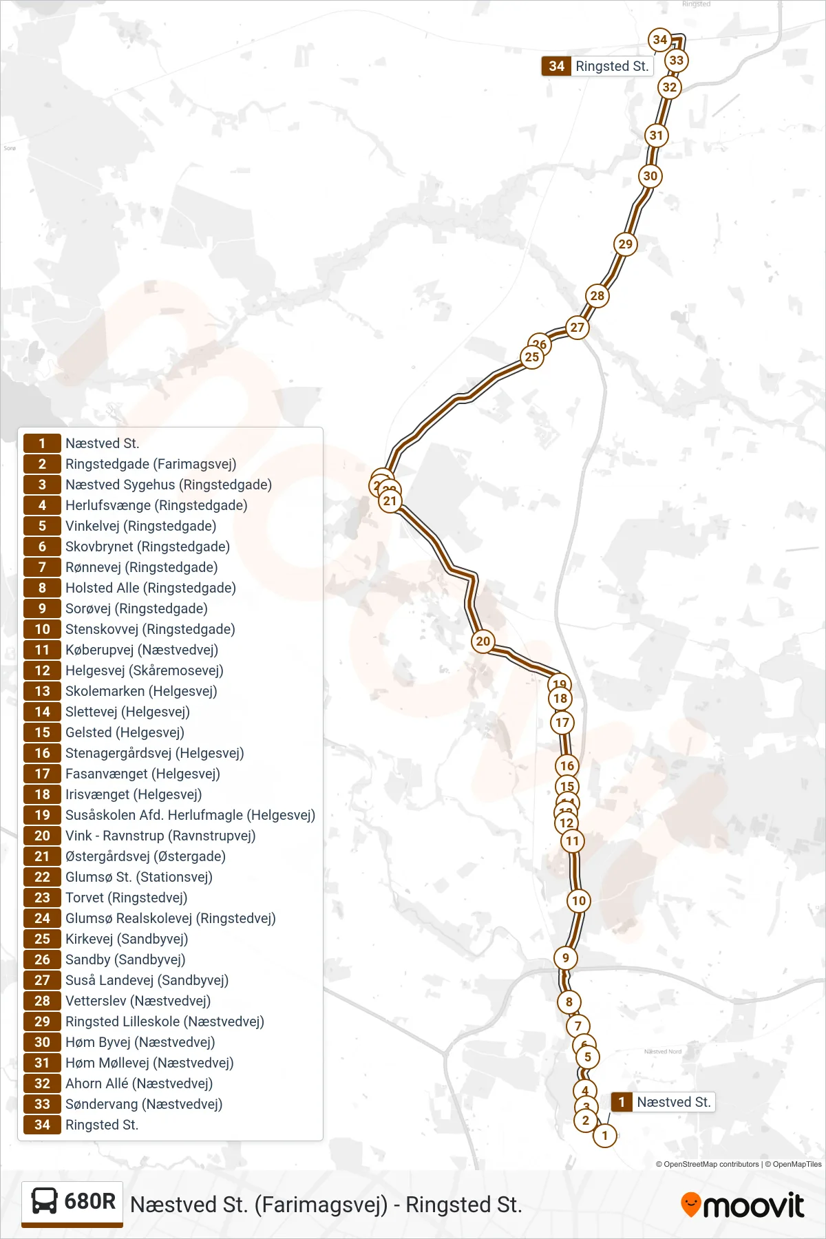 680R bus Linje (Ringsted St.) rute og stop på et kort