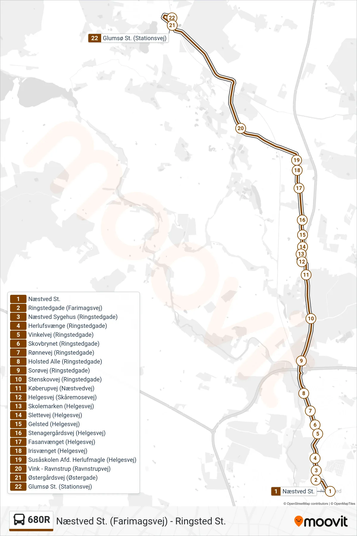 680R bus Linje (Glumsø St.) rute og stop på et kort