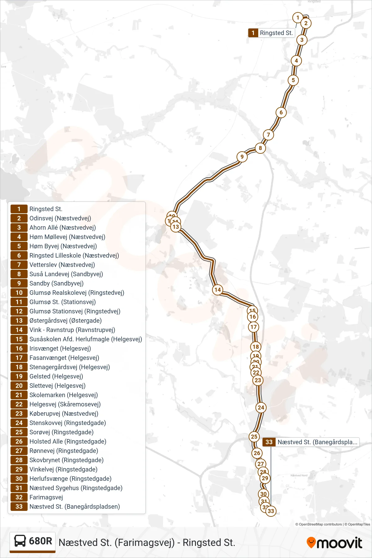 680R bus Linje (Næstved St. (Banegårdspladsen)) rute og stop på et kort