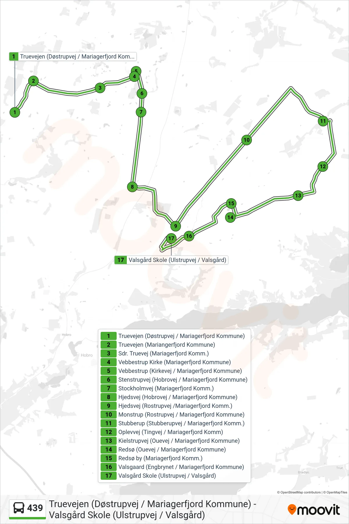 439 bus Linje (Valsgård Skole (Ulstrupvej / Valsgård)) rute og stop på et kort