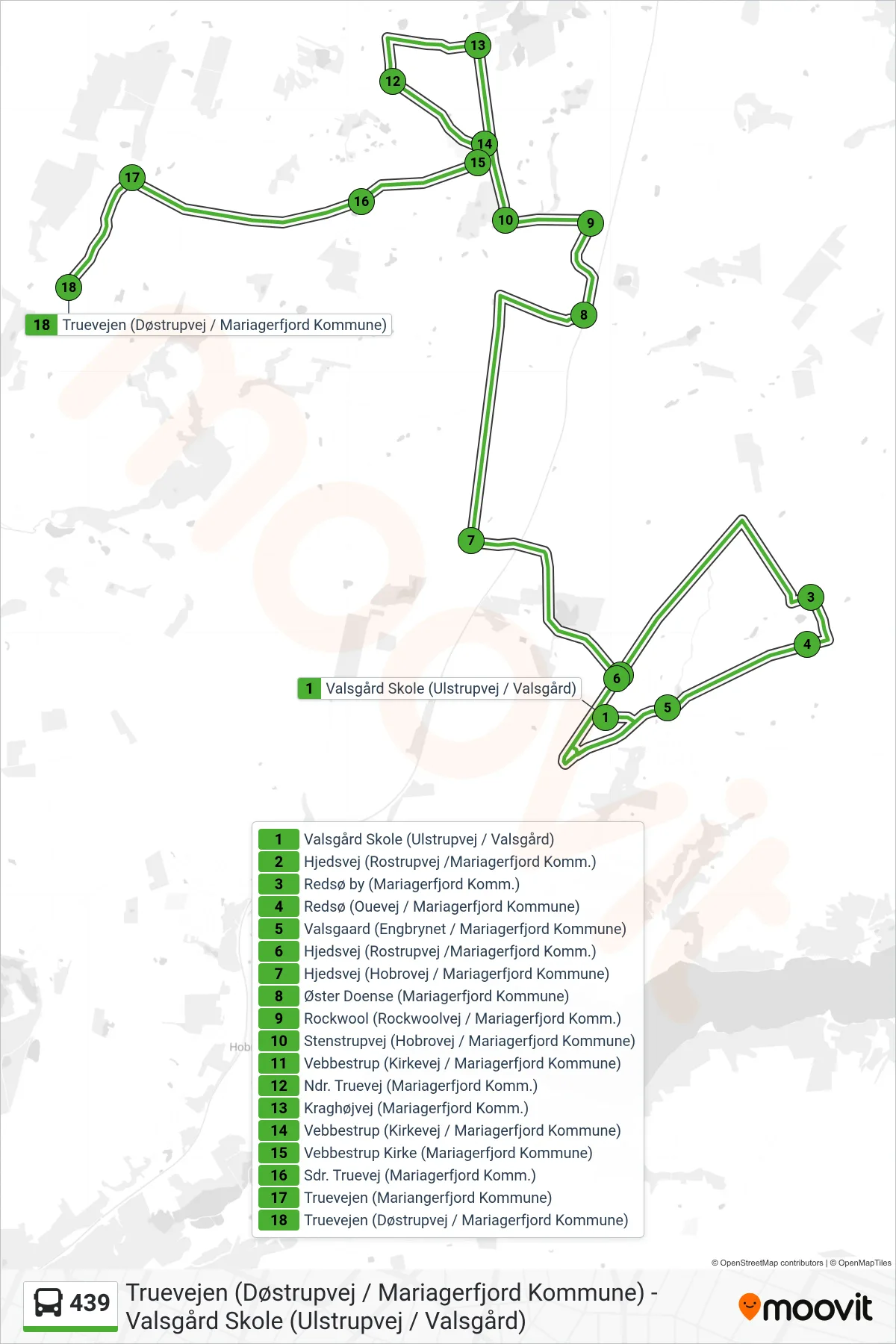 439 bus Linje (Truevejen (Døstrupvej / Mariagerfjord Kommune)) rute og stop på et kort