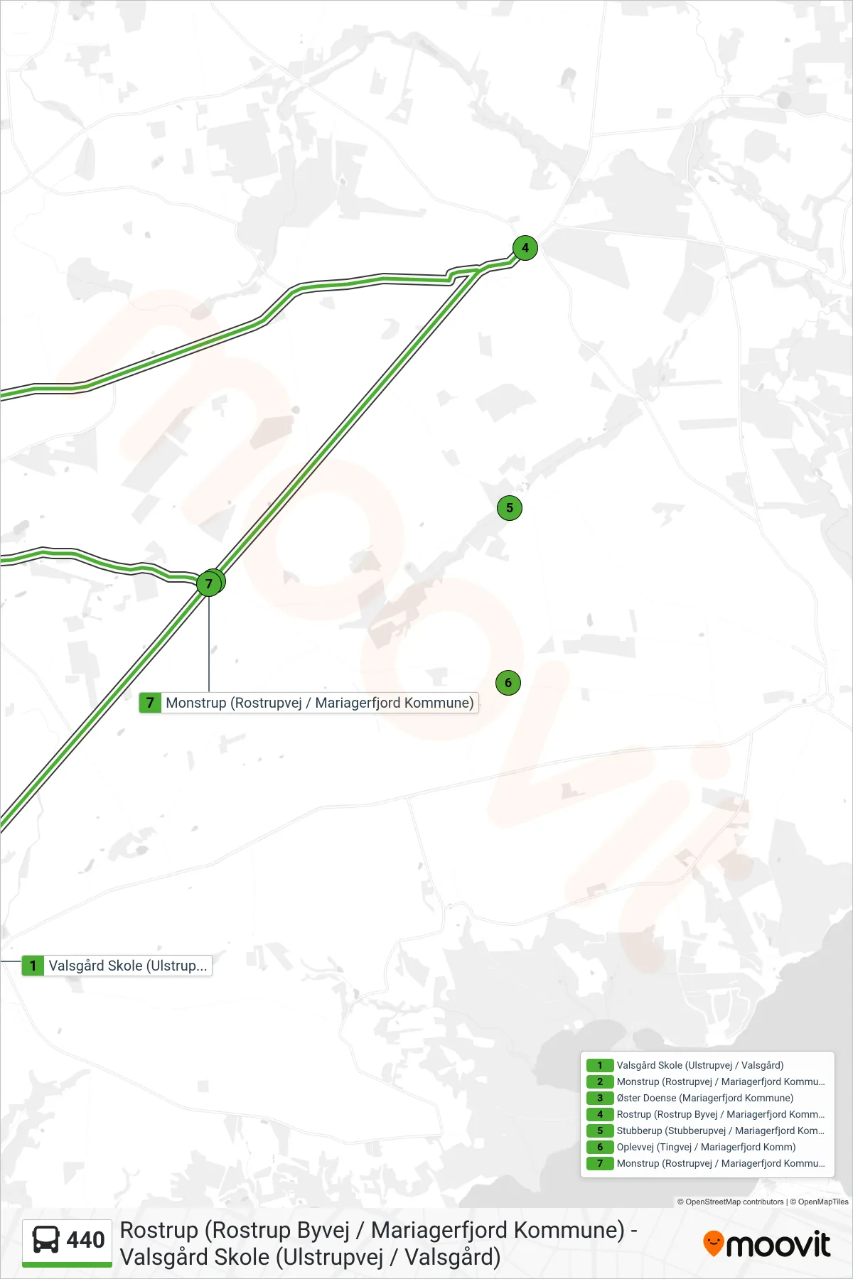 440 bus Linje (Valsgård Skole (Ulstrupvej / Valsgård)) rute og stop på et kort