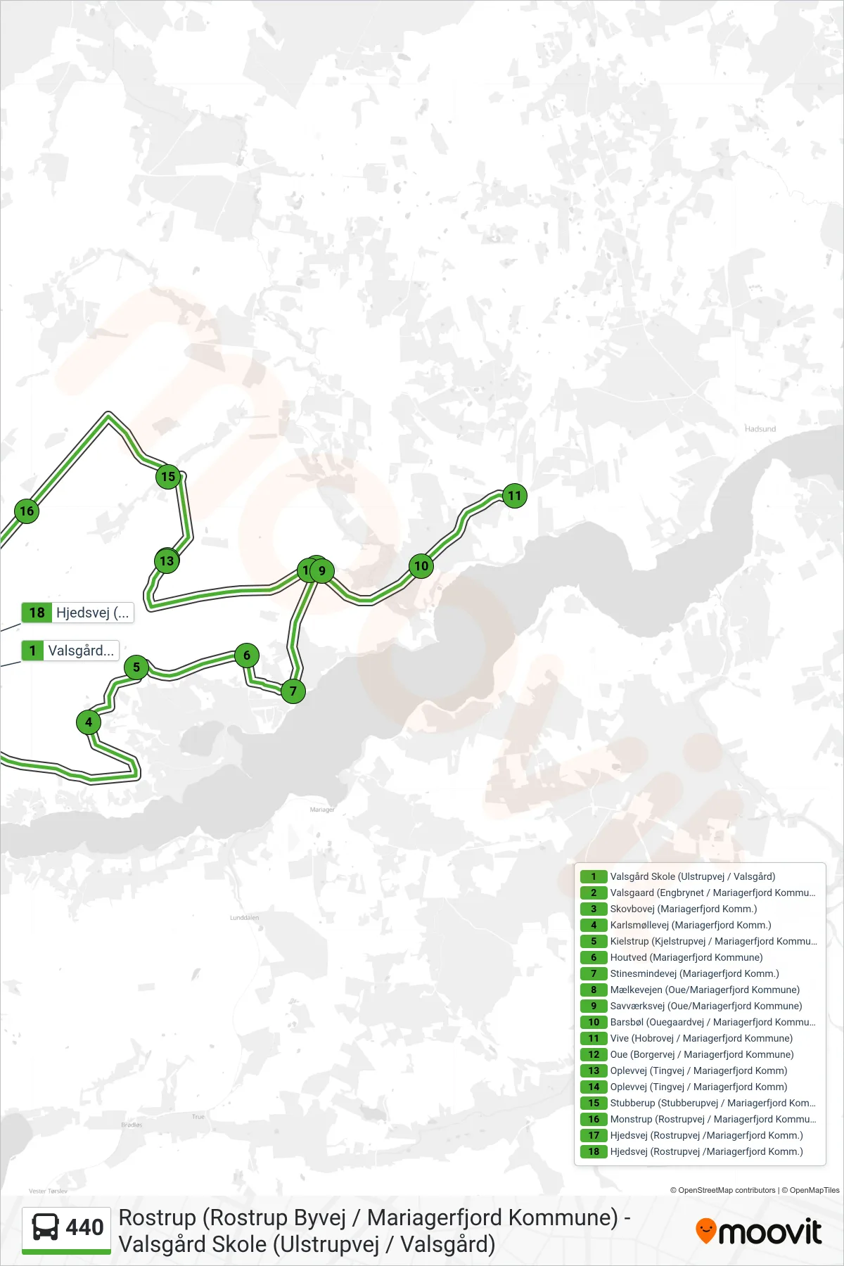440 bus Linje (Valsgård Skole (Ulstrupvej / Valsgård)) rute og stop på et kort