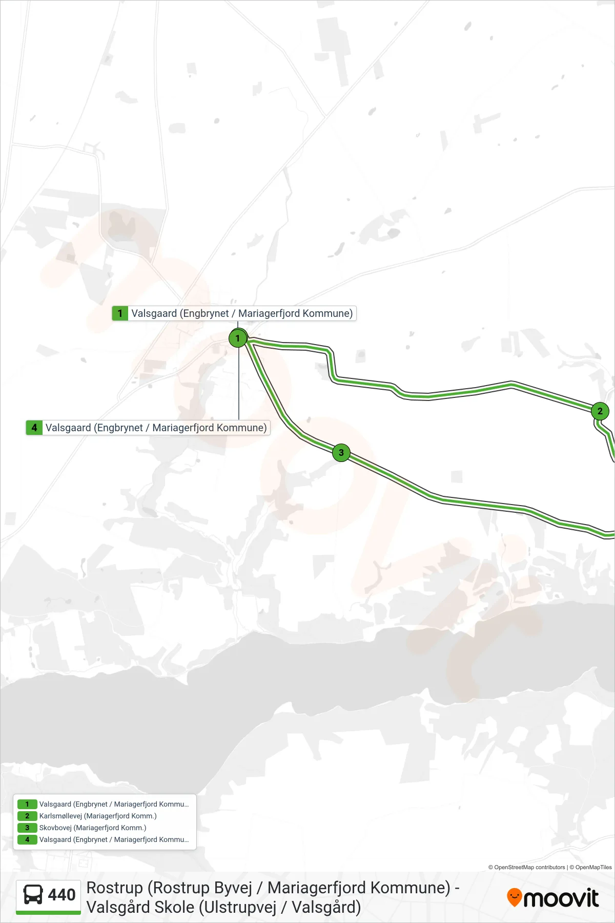 440 bus Linje (Valsgaard (Engbrynet / Mariagerfjord Kommune)) rute og stop på et kort