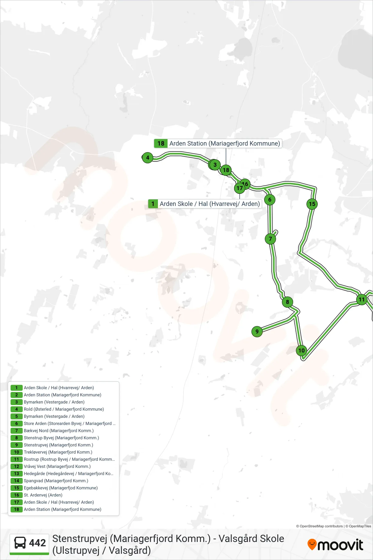442 bus Linje (Arden Station (Bus) (Mariagerfjord Kommune)) rute og stop på et kort