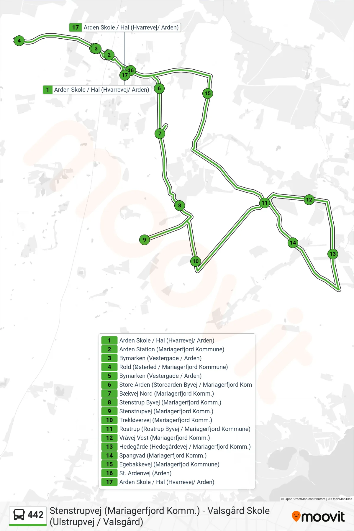 442 bus Linje (Arden Skole / Hal (Hvarrevej/ Arden)) rute og stop på et kort