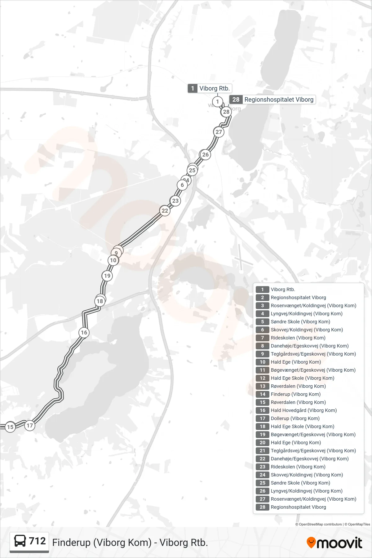 712 bus Linje (Viborg Rtb.) rute og stop på et kort