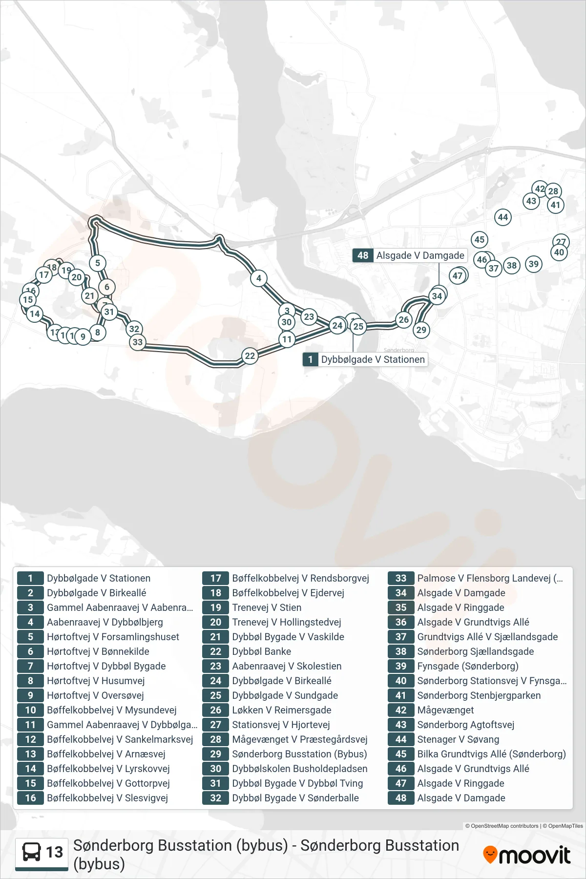 13 bus Linje (Sønderborg Busstation (Bybus)) rute og stop på et kort