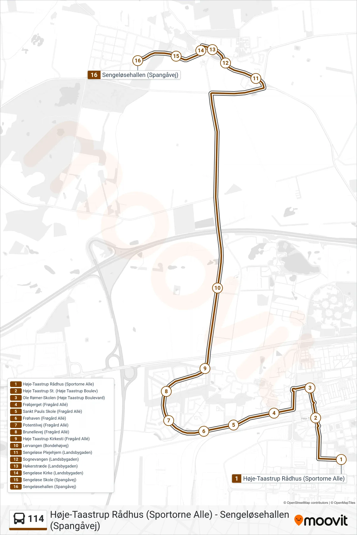 114 bus Linje (Sengeløsehallen) rute og stop på et kort