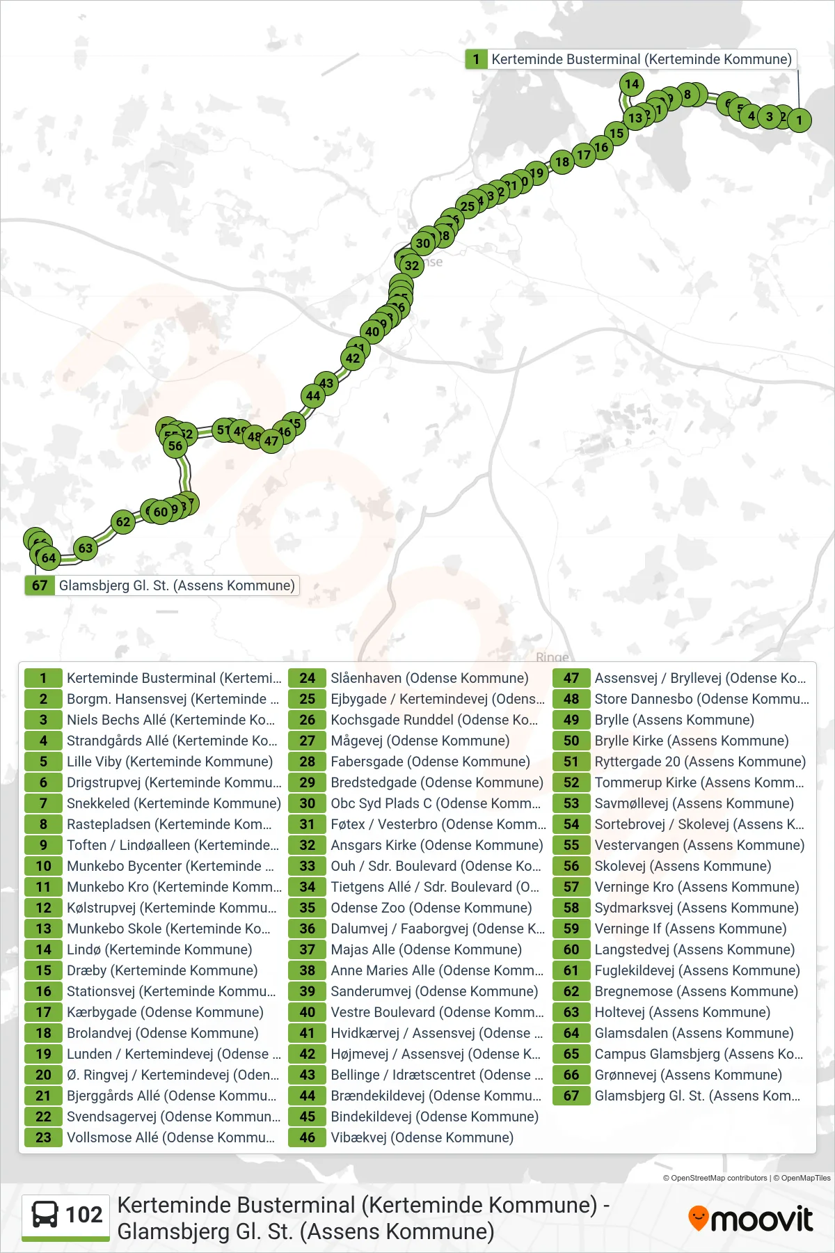102 bus Linje (Glamsbjerg) rute og stop på et kort