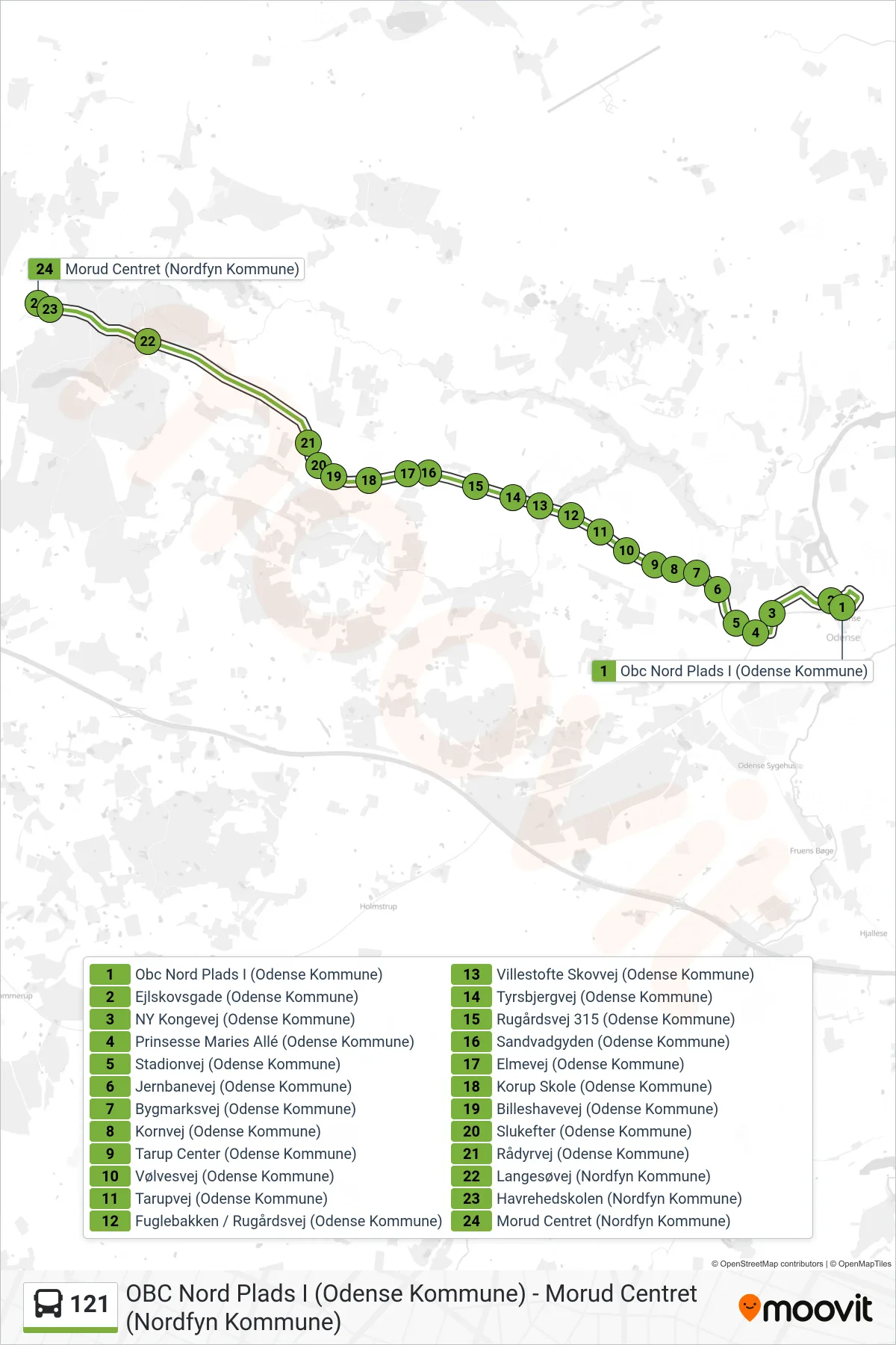 121 bus Linje (Morud) rute og stop på et kort