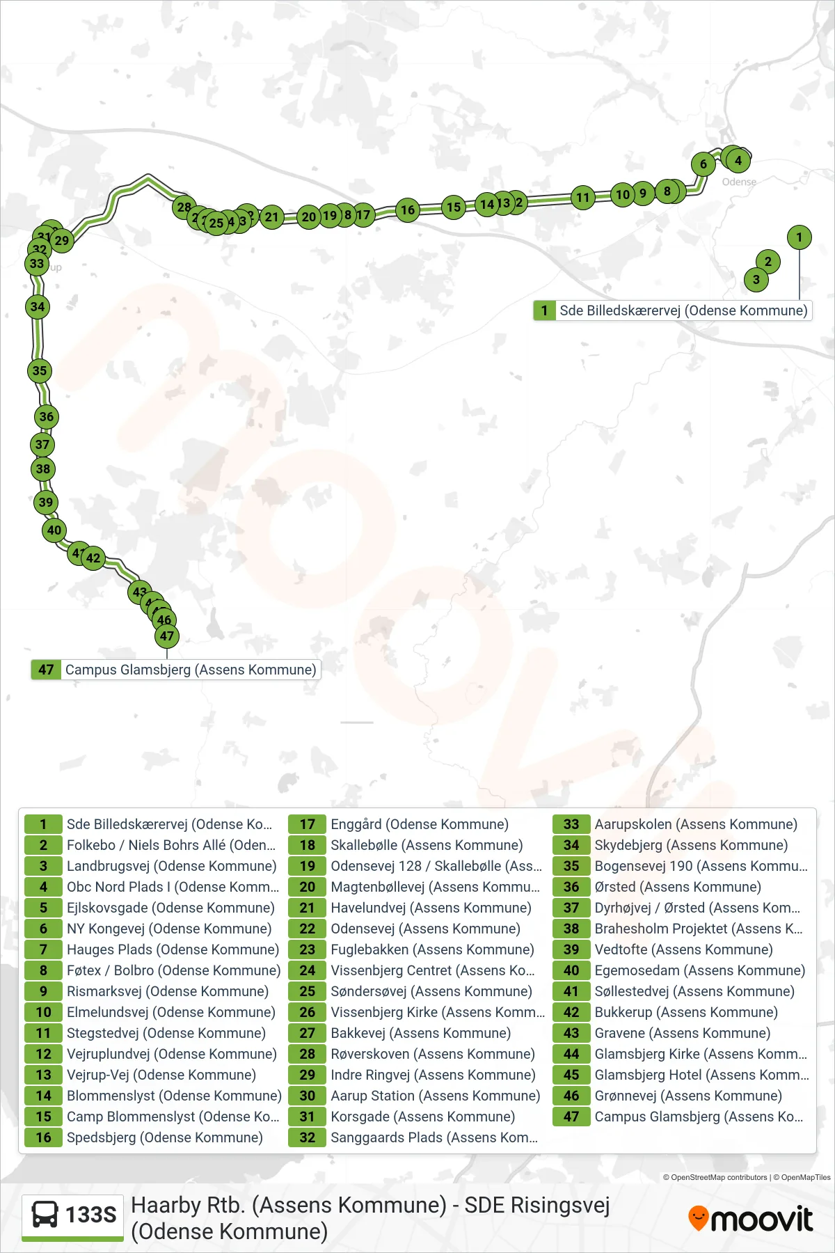 133S bus Linje (Glamsbjerg) rute og stop på et kort