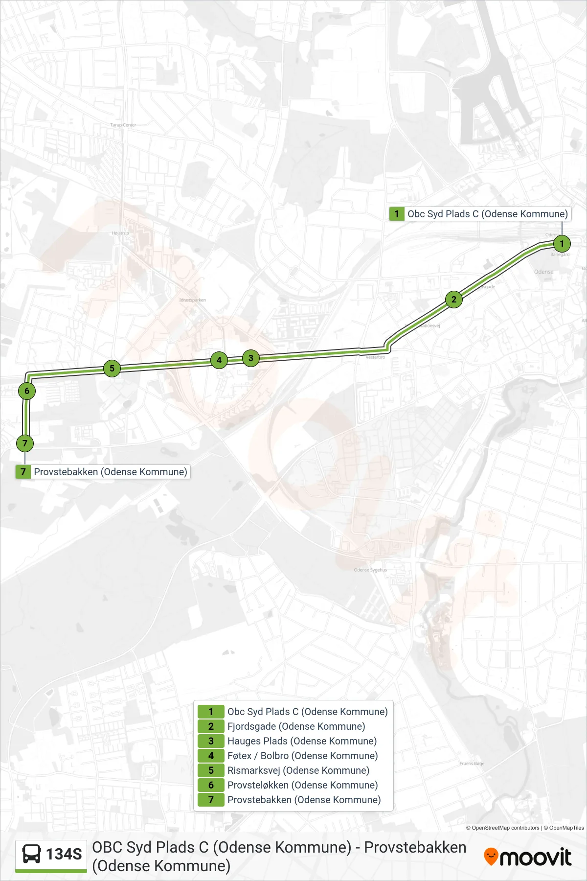 134S bus Linje (Elmelundsvej) rute og stop på et kort