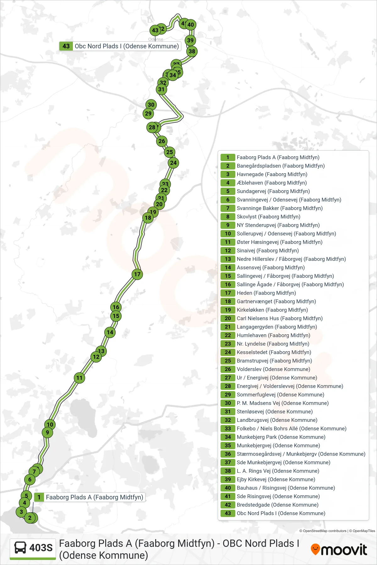 403S bus Linje (Odense) rute og stop på et kort