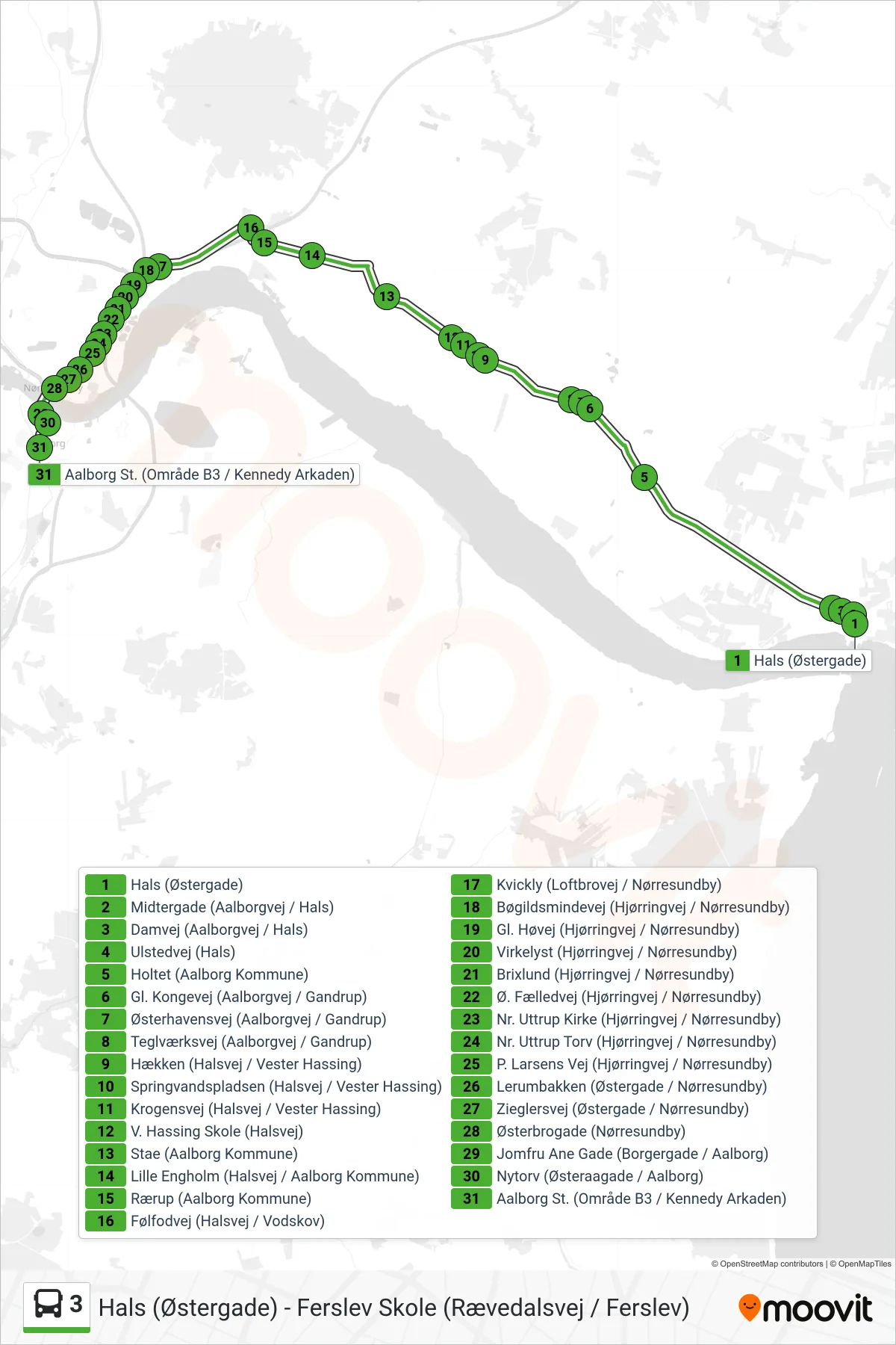 3 bus Linje (Aalborg St.) rute og stop på et kort
