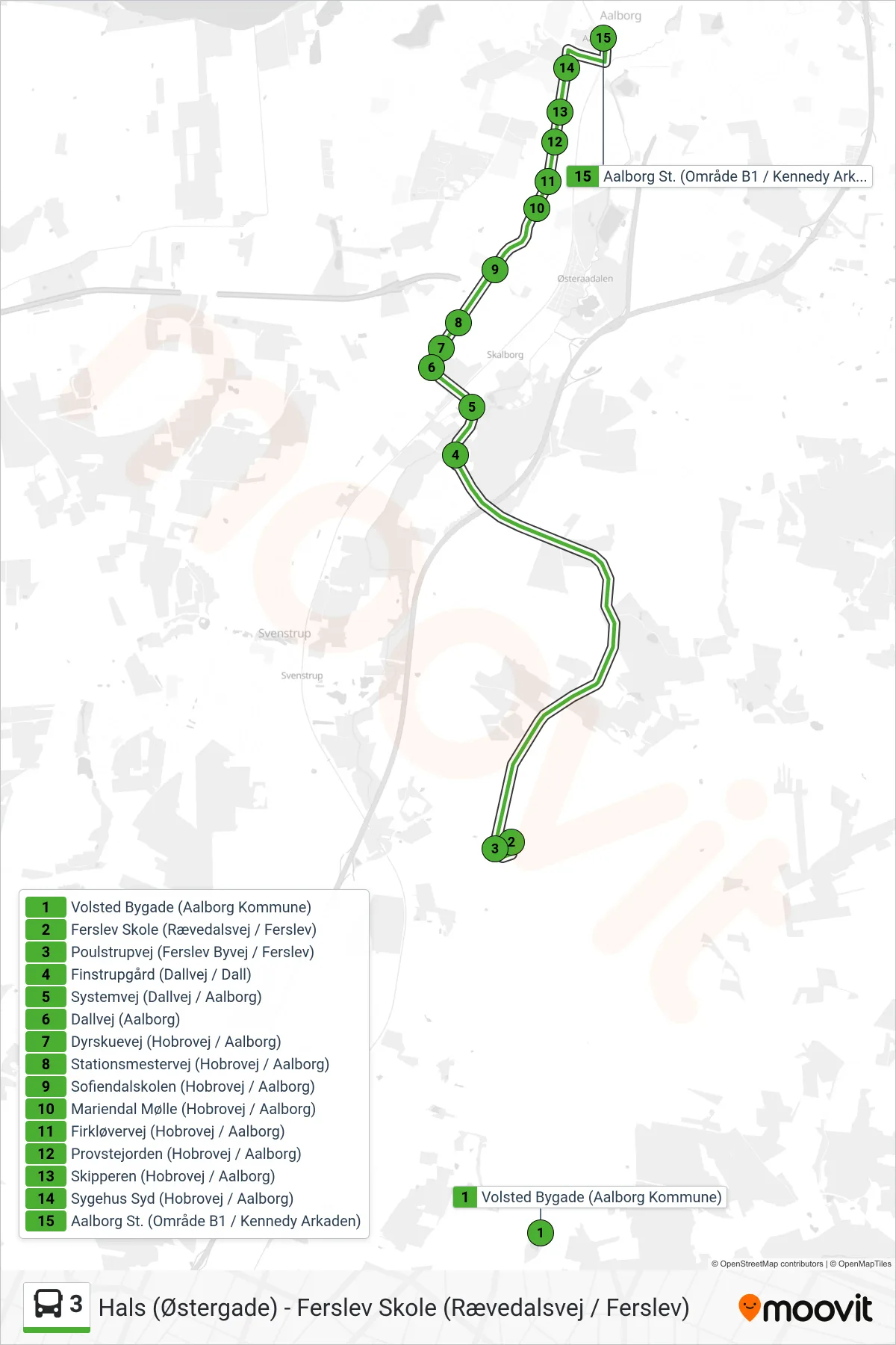 3 bus Linje (Aalborg St.) rute og stop på et kort