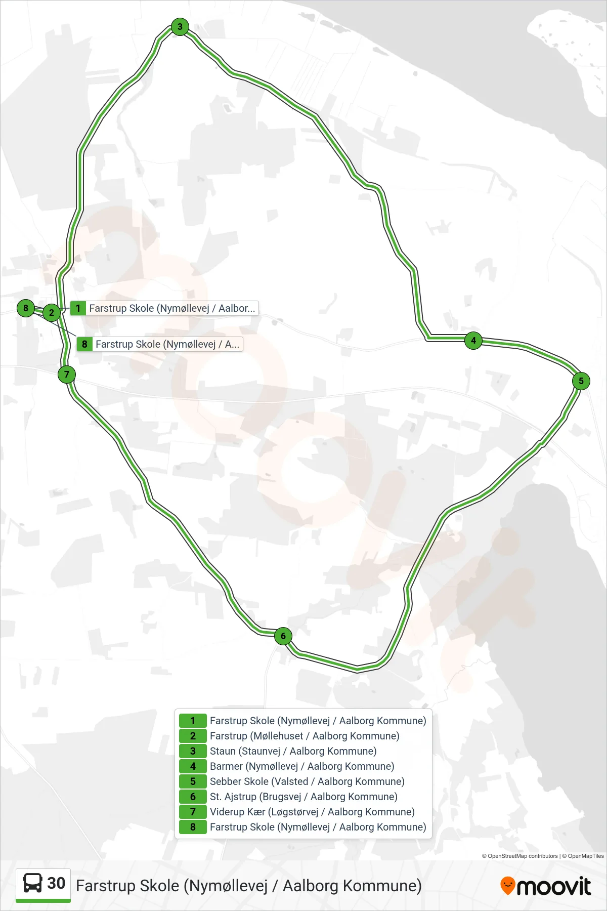 30 bus Linje (Farstrup Skole (Nymøllevej / Aalborg Kommune)) rute og stop på et kort