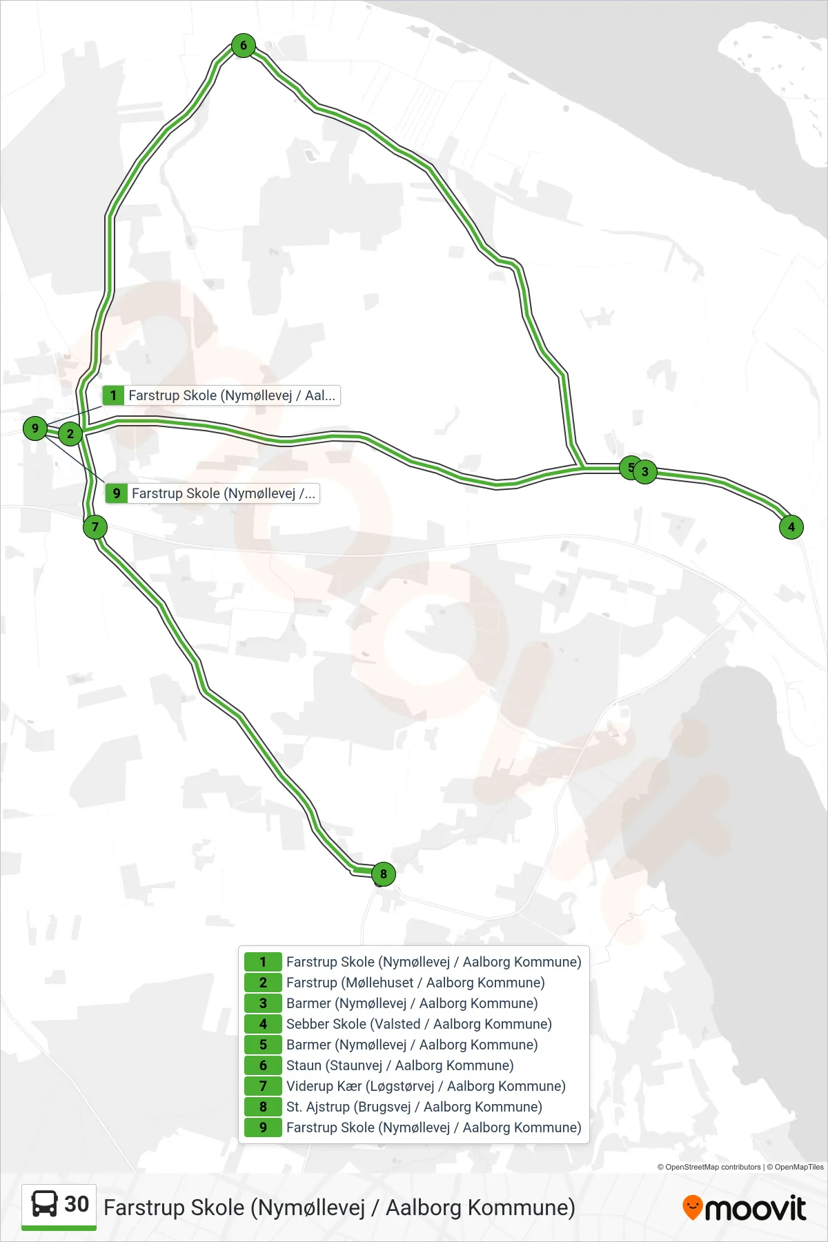 30 bus Linje (Farstrup Skole (Nymøllevej / Aalborg Kommune)) rute og stop på et kort