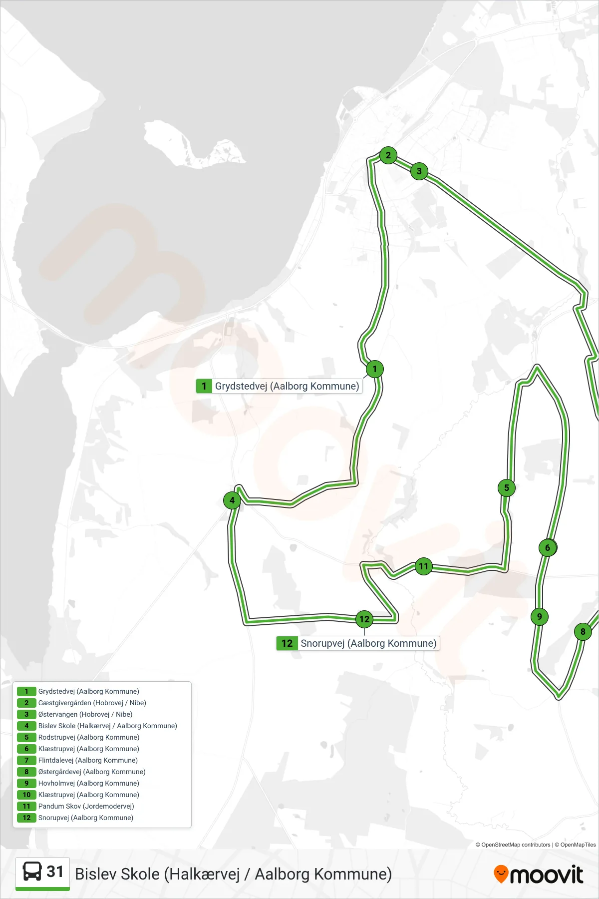 31 bus Linje (Bislev Skole (Halkærvej / Aalborg Kommune)) rute og stop på et kort