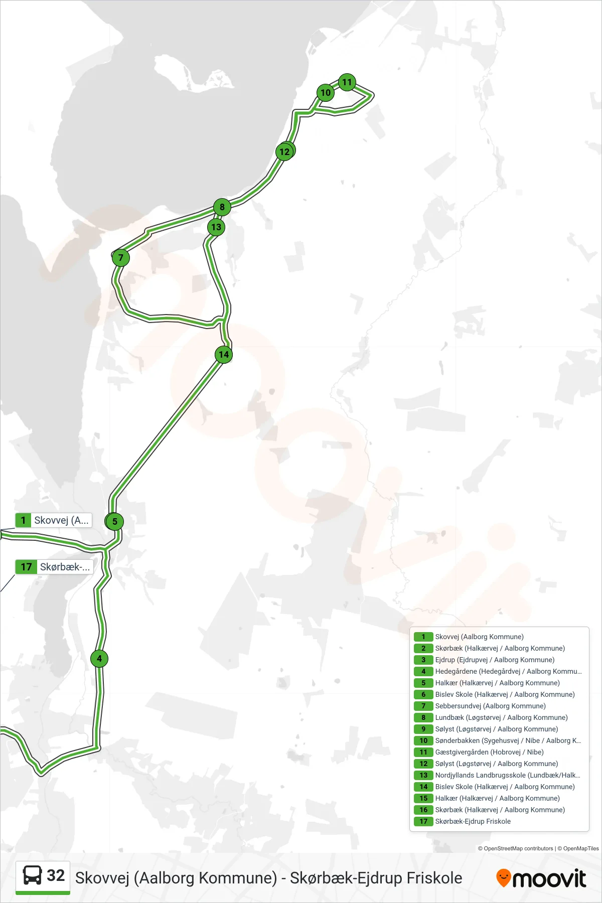 32 bus Linje (Skørbæk-Ejdrup Friskole) rute og stop på et kort