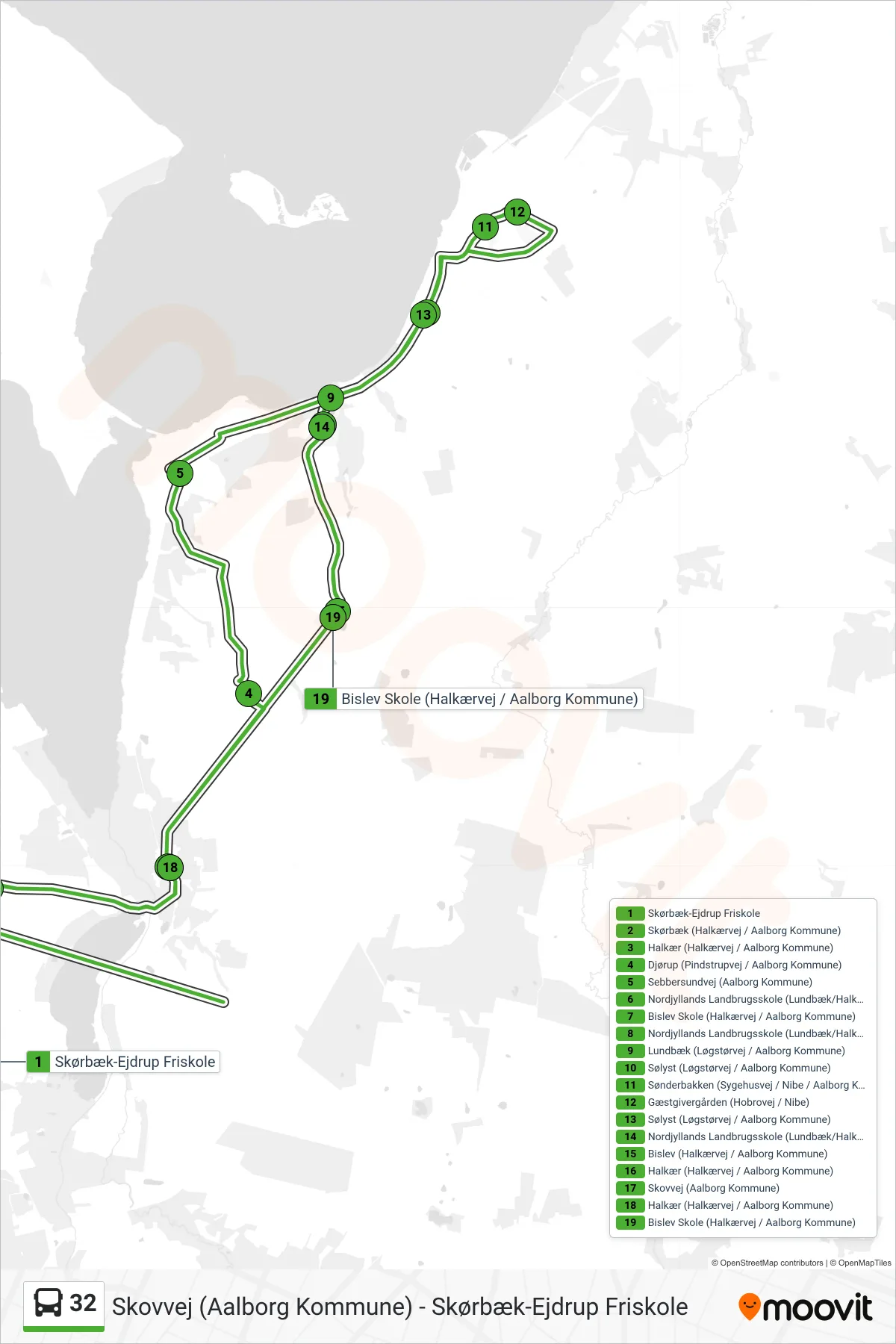 32 bus Linje (Bislev Skole (Halkærvej / Aalborg Kommune)) rute og stop på et kort