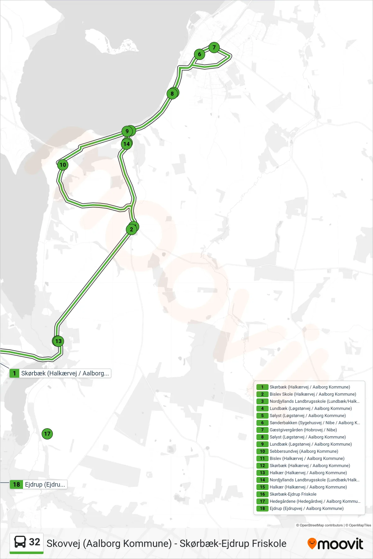32 bus Line (Skørbæk-Ejdrup Friskole) route and stops on a map