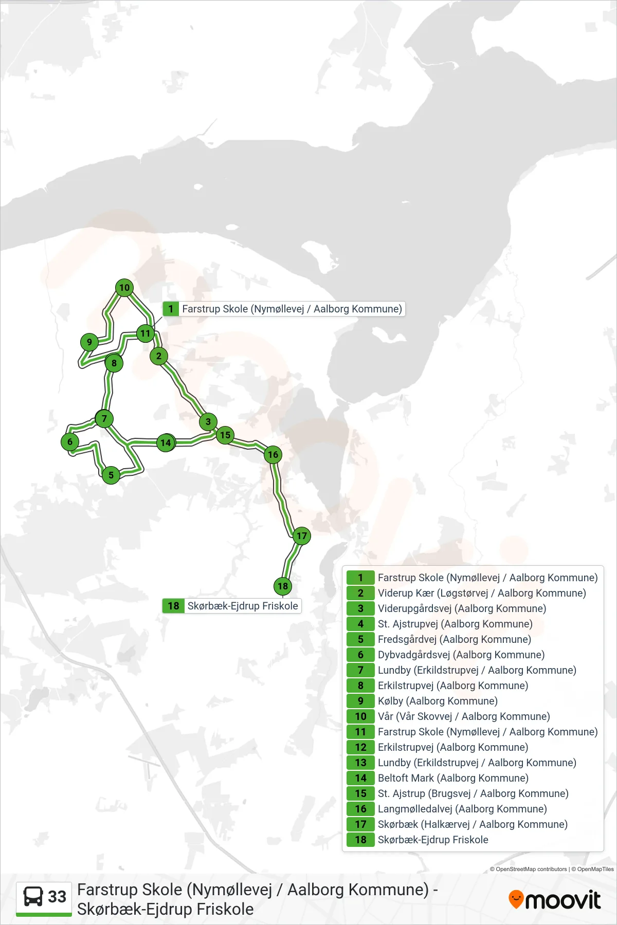 33 bus Linje (Skørbæk-Ejdrup Friskole) rute og stop på et kort