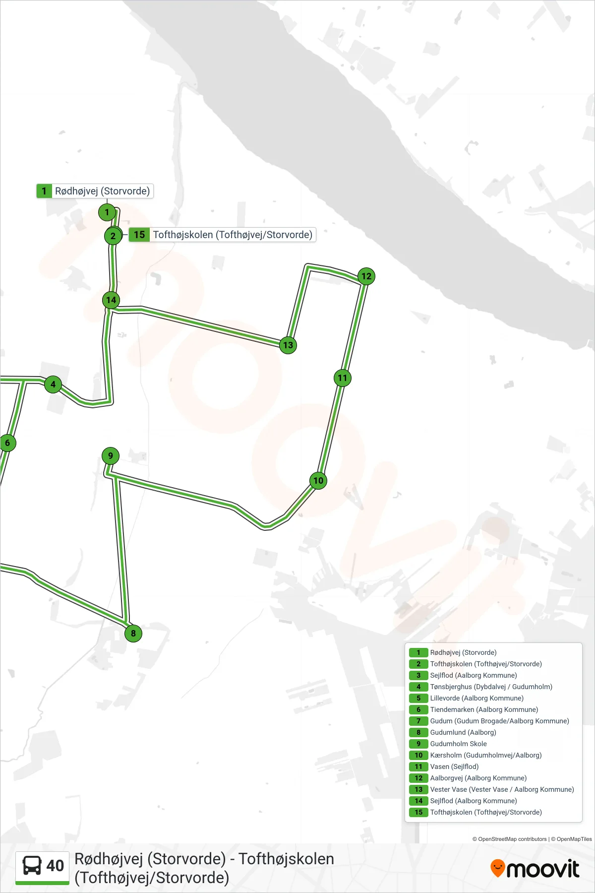 40 bus Linje (Tofthøjskolen (Tofthøjvej/Storvorde)) rute og stop på et kort