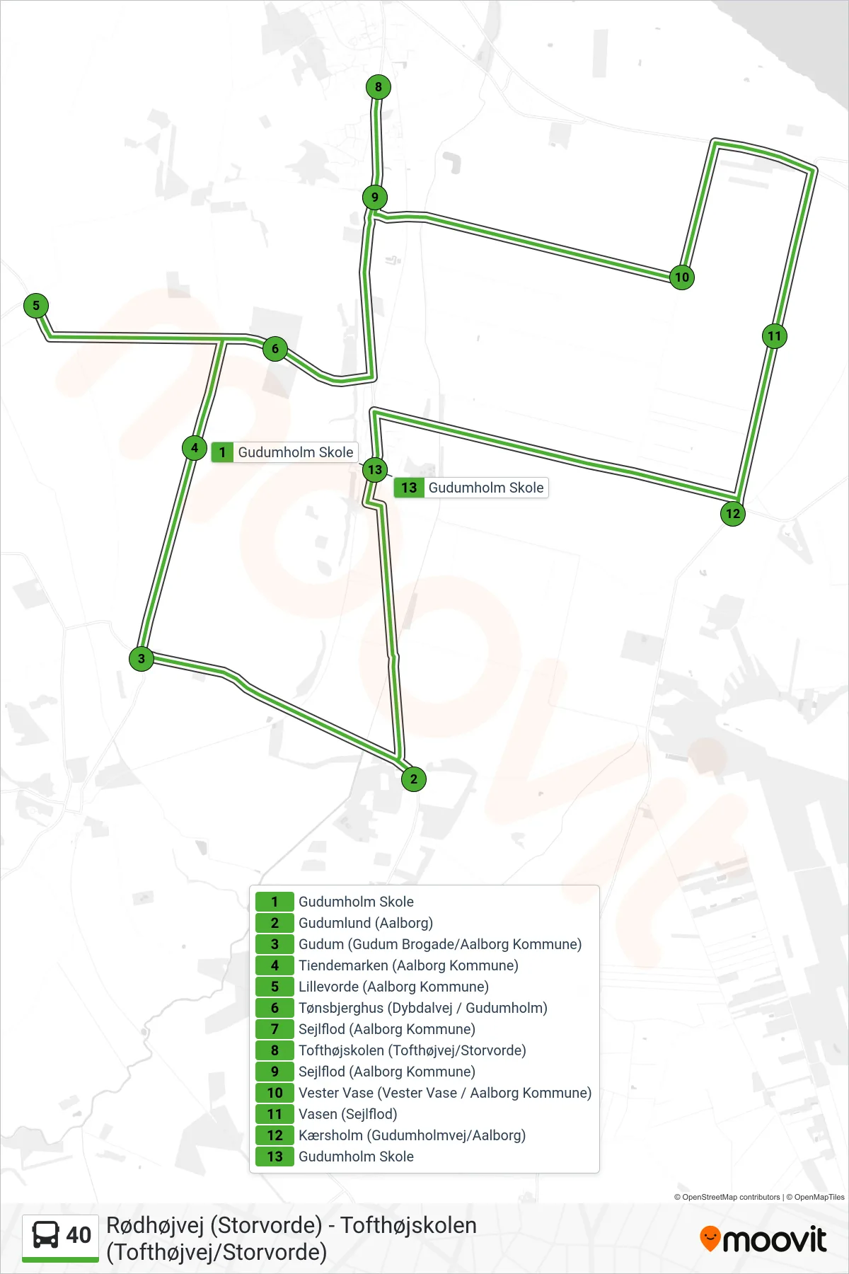 40 bus Linje (Gudumholm Skole) rute og stop på et kort