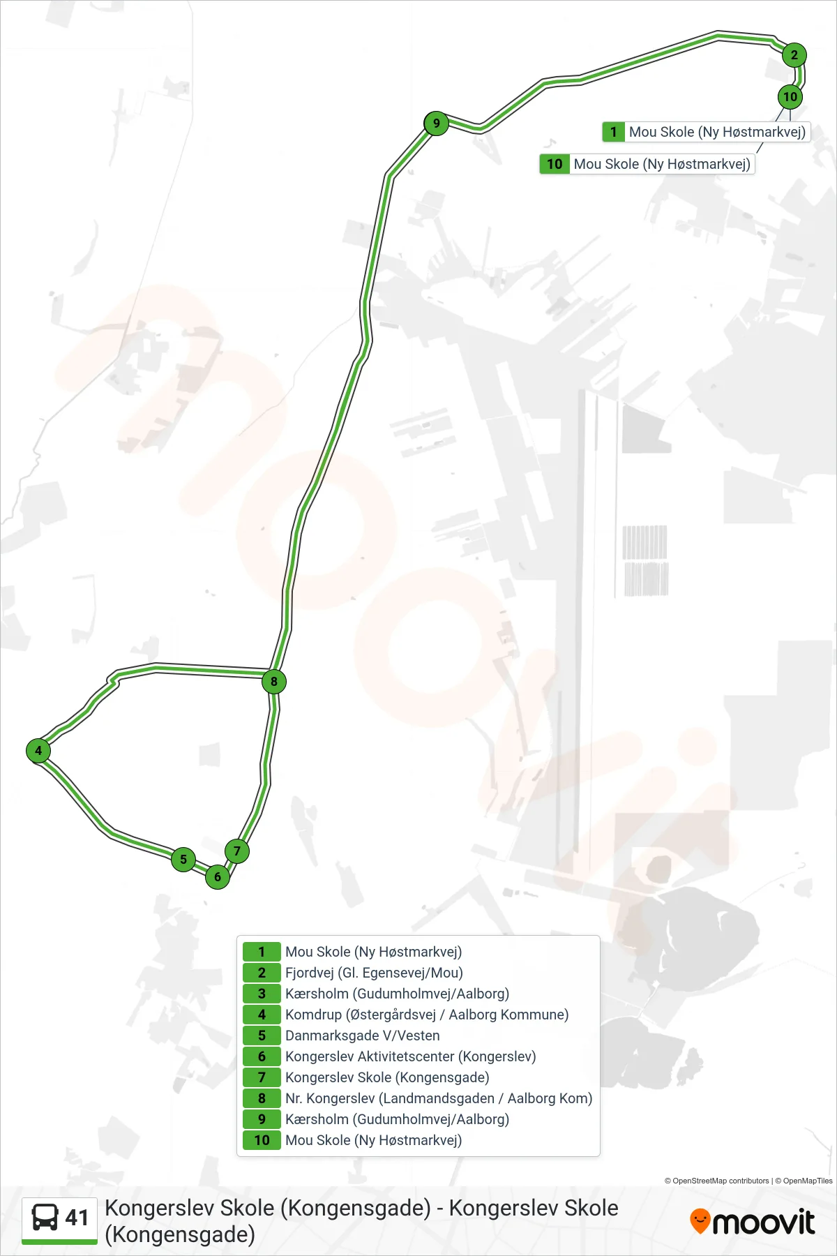 41 bus Linje (Mou Skole (Ny Høstmarkvej)) rute og stop på et kort