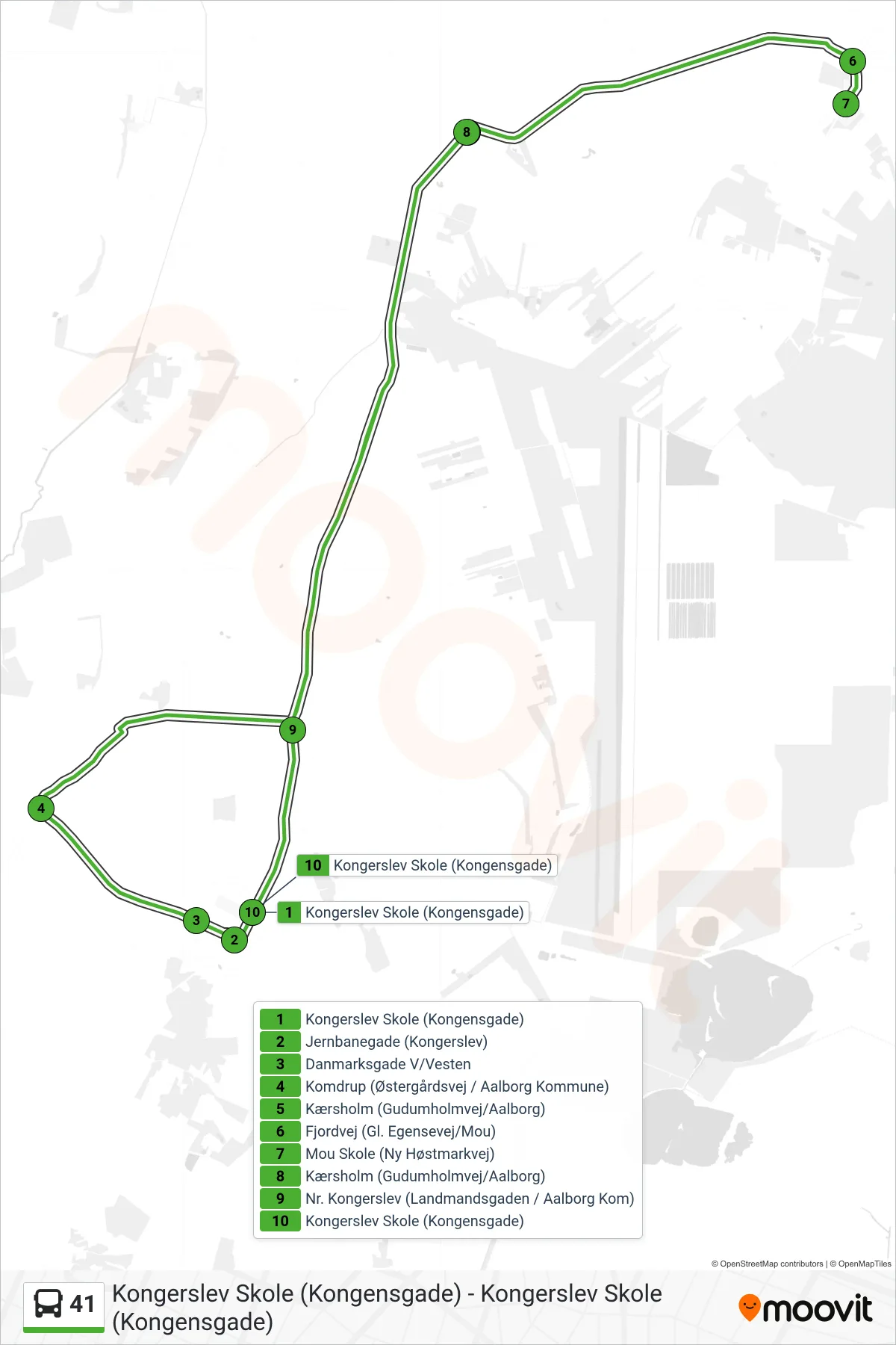 41 bus Linje (Kongerslev Skole (Kongensgade)) rute og stop på et kort