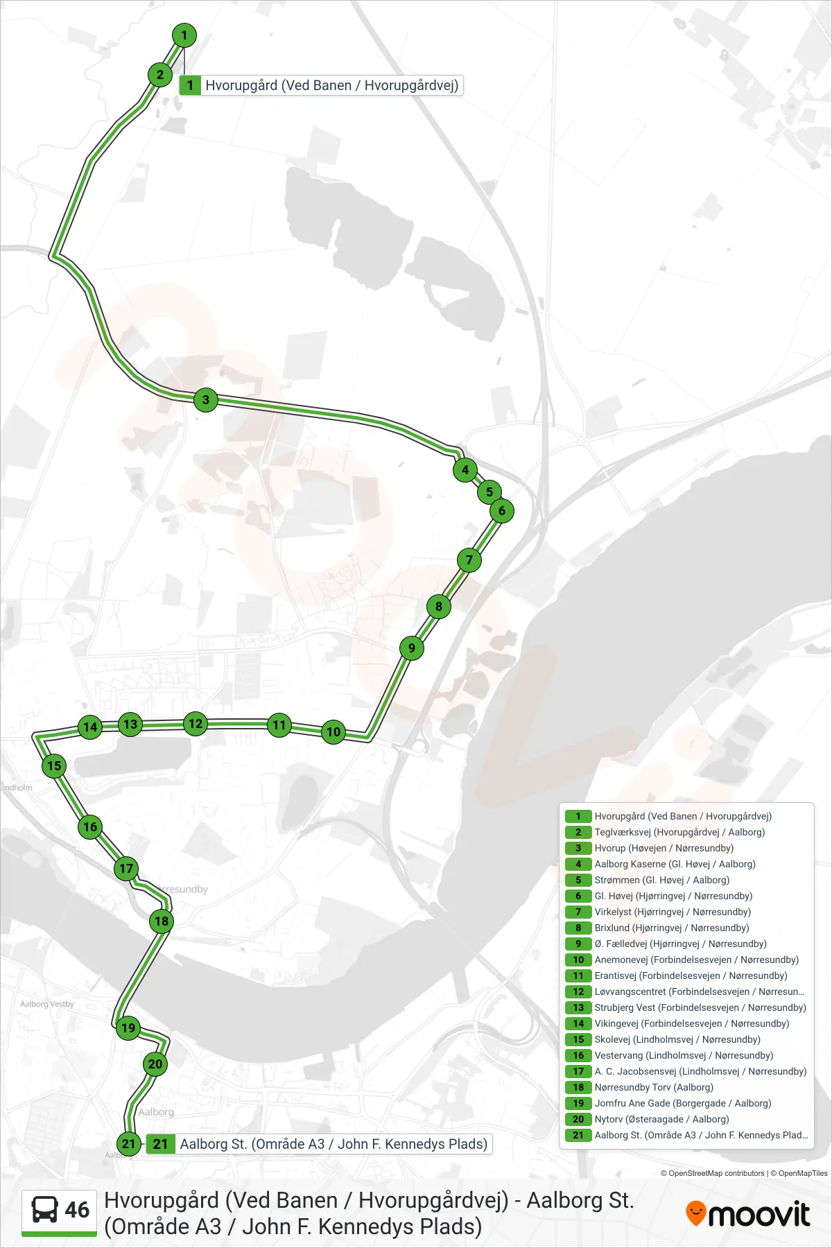 46 bus Linje (Aalborg St. (Område A3 / John F. Kennedys Plads)) rute og stop på et kort